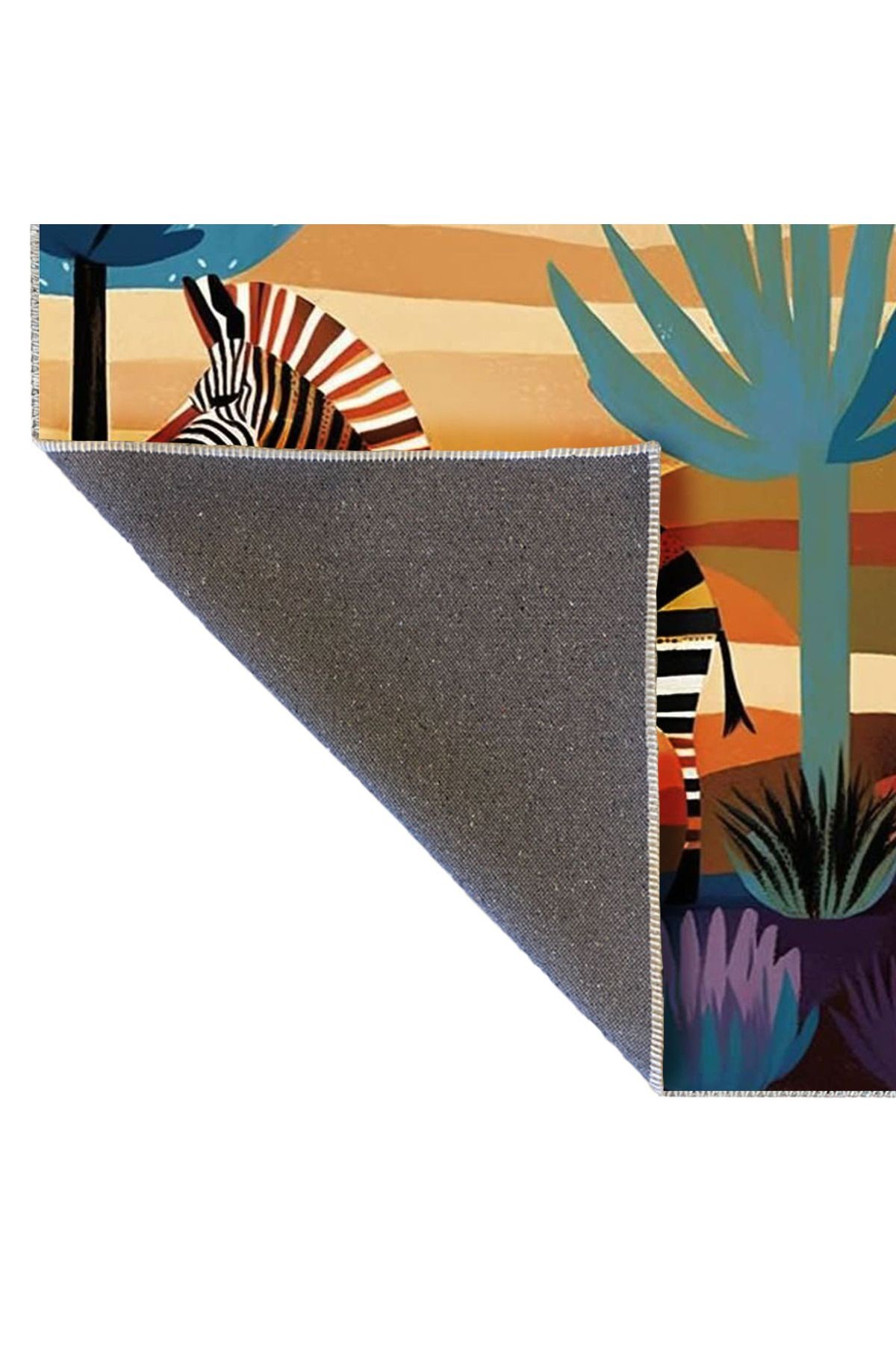 Kemal Koleksiyonu Madagaskar Temalı Zebra ve Ağaç Desenli Dokuma Taban Modern Dekoratif Halı 25