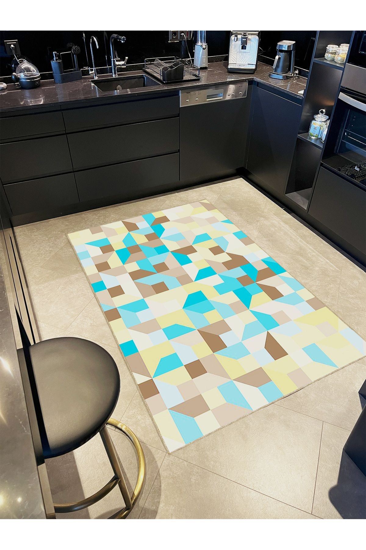 Ametist Serisi Mavi Kahve Geometrik Şekiller Detaylı Dokuma Taban Modern Dekoratif Halı ametist10