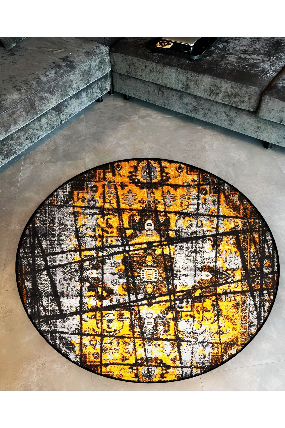 Mira Yuvarlak Sarı Bej Siyah Çizgi Detaylı Antik Desen Dokuma Taban Modern Dekoratif Halı 5708