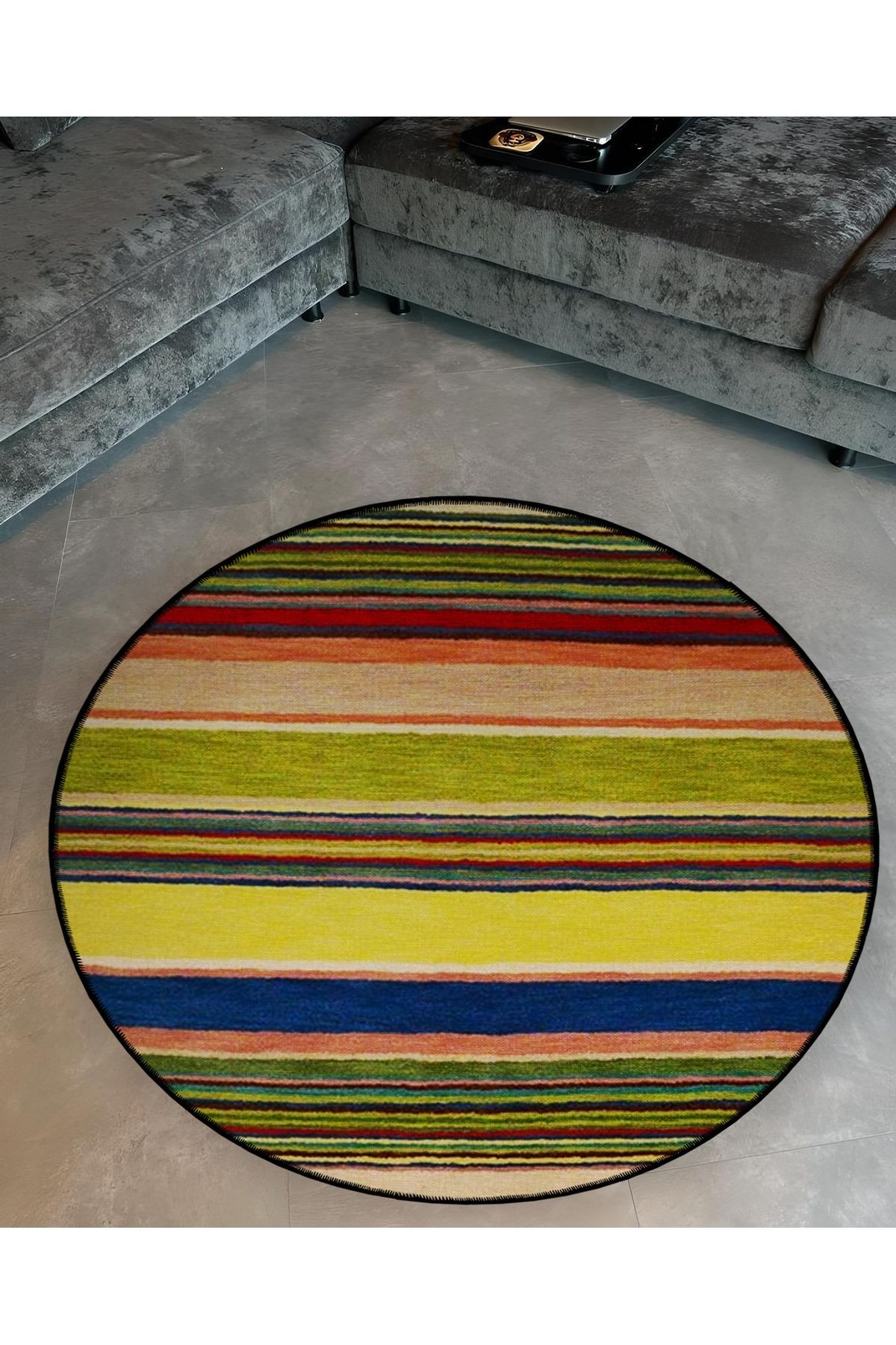 Çok Renkli Şerit Çizgli Desenli Yuvarlak Dokuma Taban Modern Dekoratif Halı 6135