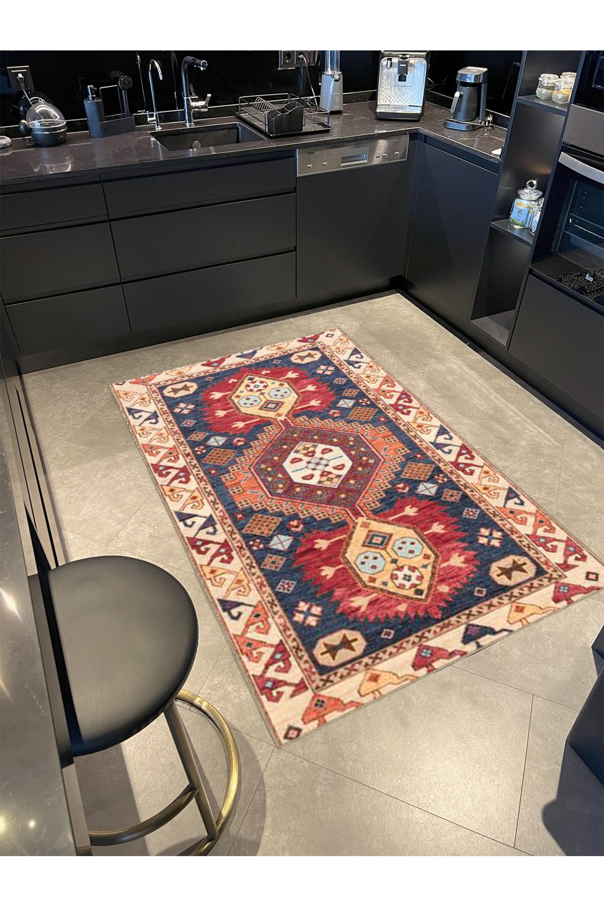 Lacivert Temalı Geleneksel Motif Desenli Etnik Vintage Dekoratif Halı 5016