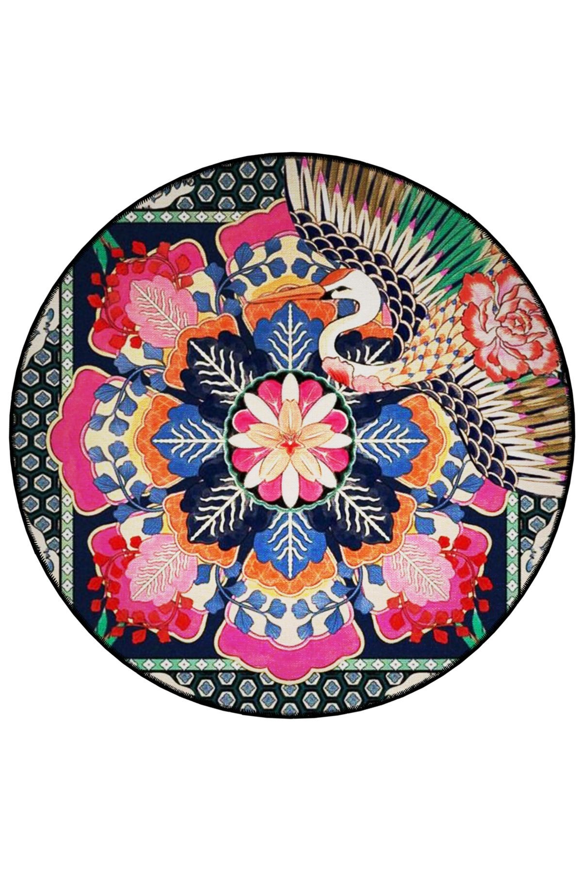 Çiçek Temalı Motifler ve Leylek Desenli Yuvarlak Dokuma Taban Vintage Dekoratif Halı 6181
