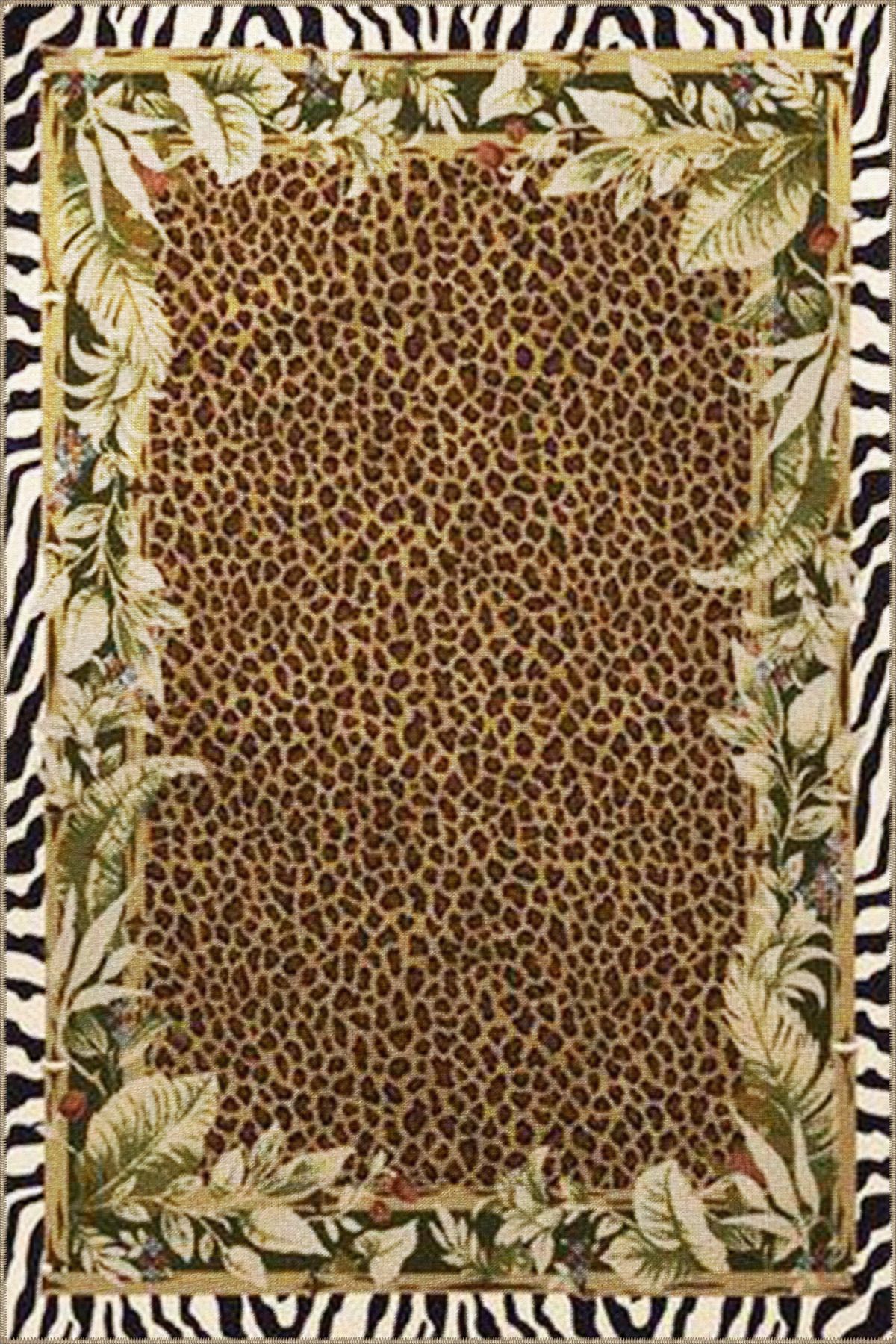 Bej Temalı Çok Renkli Yapraklar ve Soyut Desenli Modern Dekoratif Halı 3656