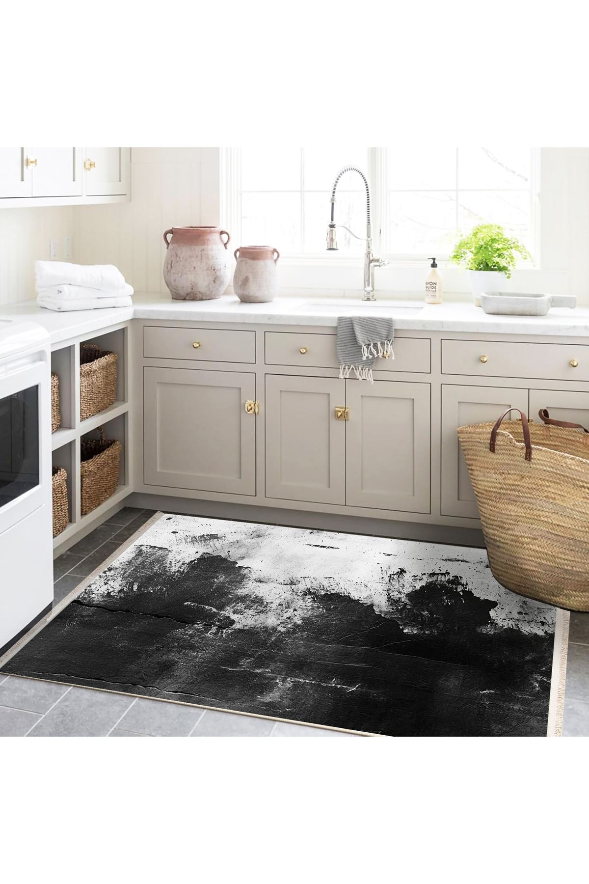 Özge Koleksiyonu Siyah Beyaz Soyut Desenli Dokuma Taban Modern Dekoratif Halı özge46