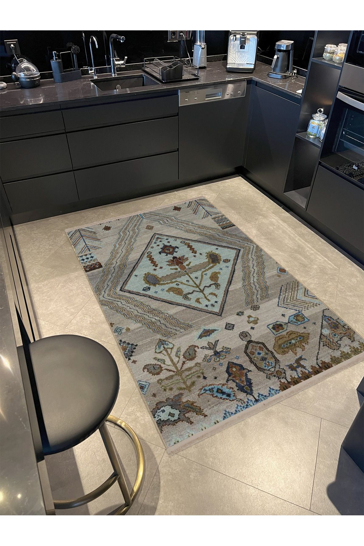 Gri Açık Mavi Temalı Geleneksel Motif Desenli Saçaklı Vintage Dekoratif Halı 4514