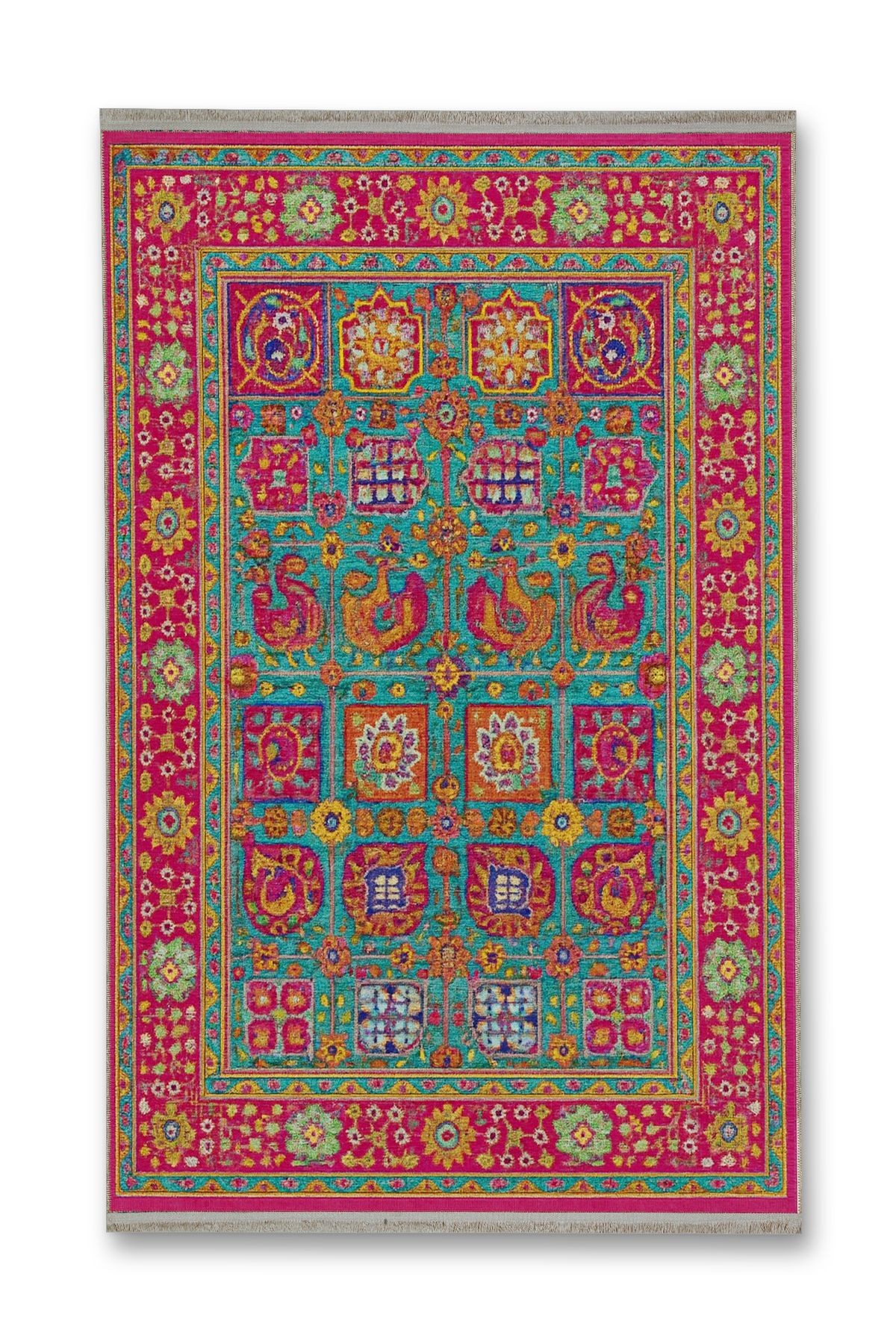 MOSSO Pembe Yeşil Temalı Soyut Motifli Etnik Desenli Dokuma Taban Vintage Dekoratif Halı mosso179