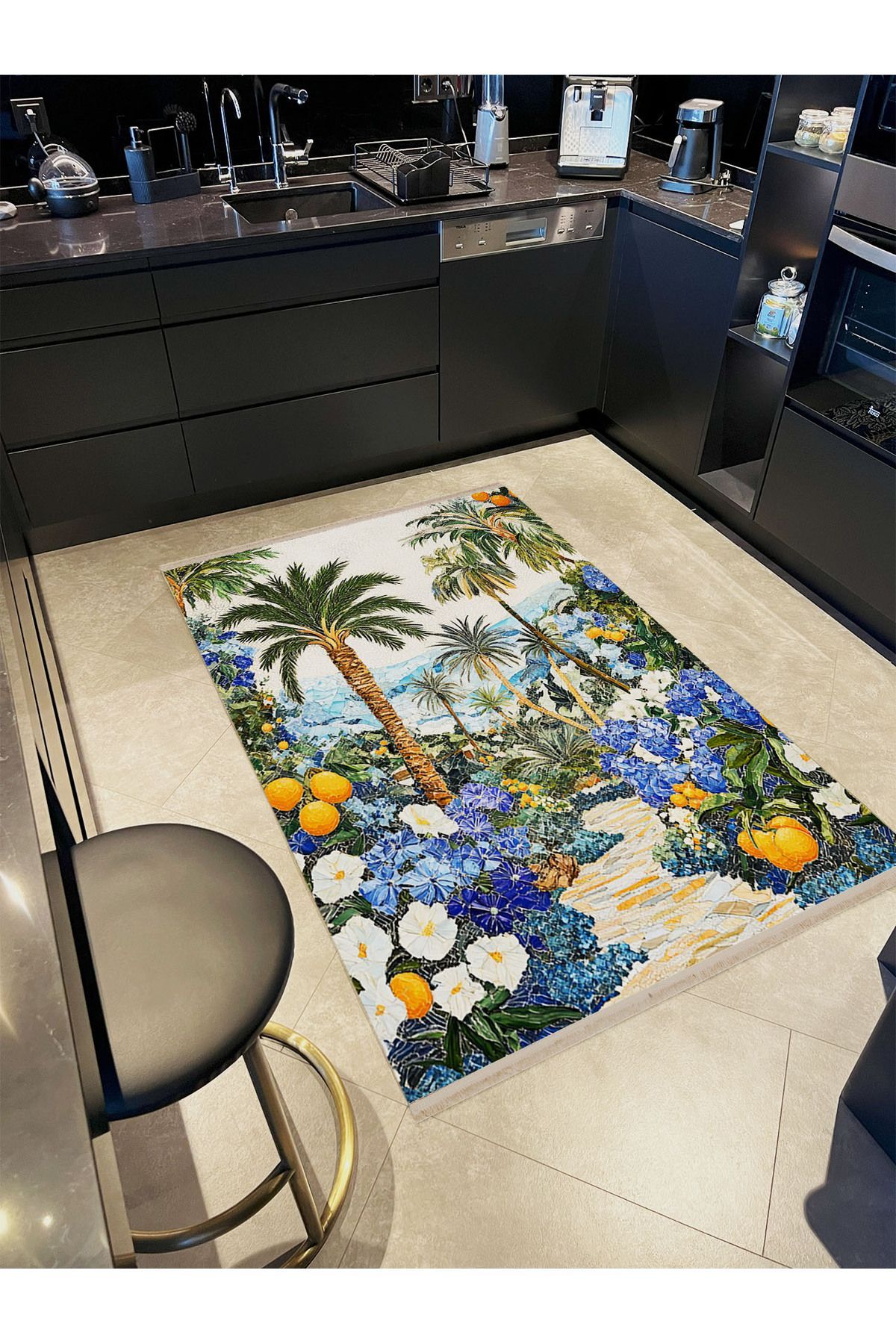 Paris Koleksiyonu Tropikal Desenli Mozaik Görünümlü Palmiye Detaylı Modern Dekoratif Halı paris34