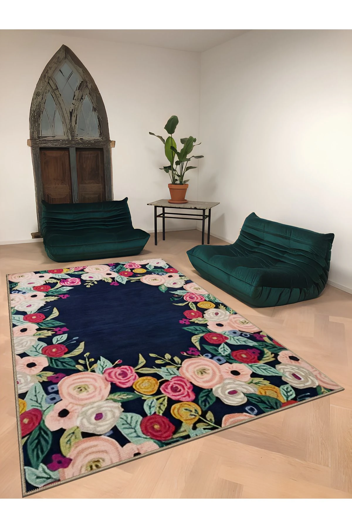 Lacivert Temalı Çok Renkli Ortası Boş Çiçek Gül Desenli Modern Dekoratif Halı 1696