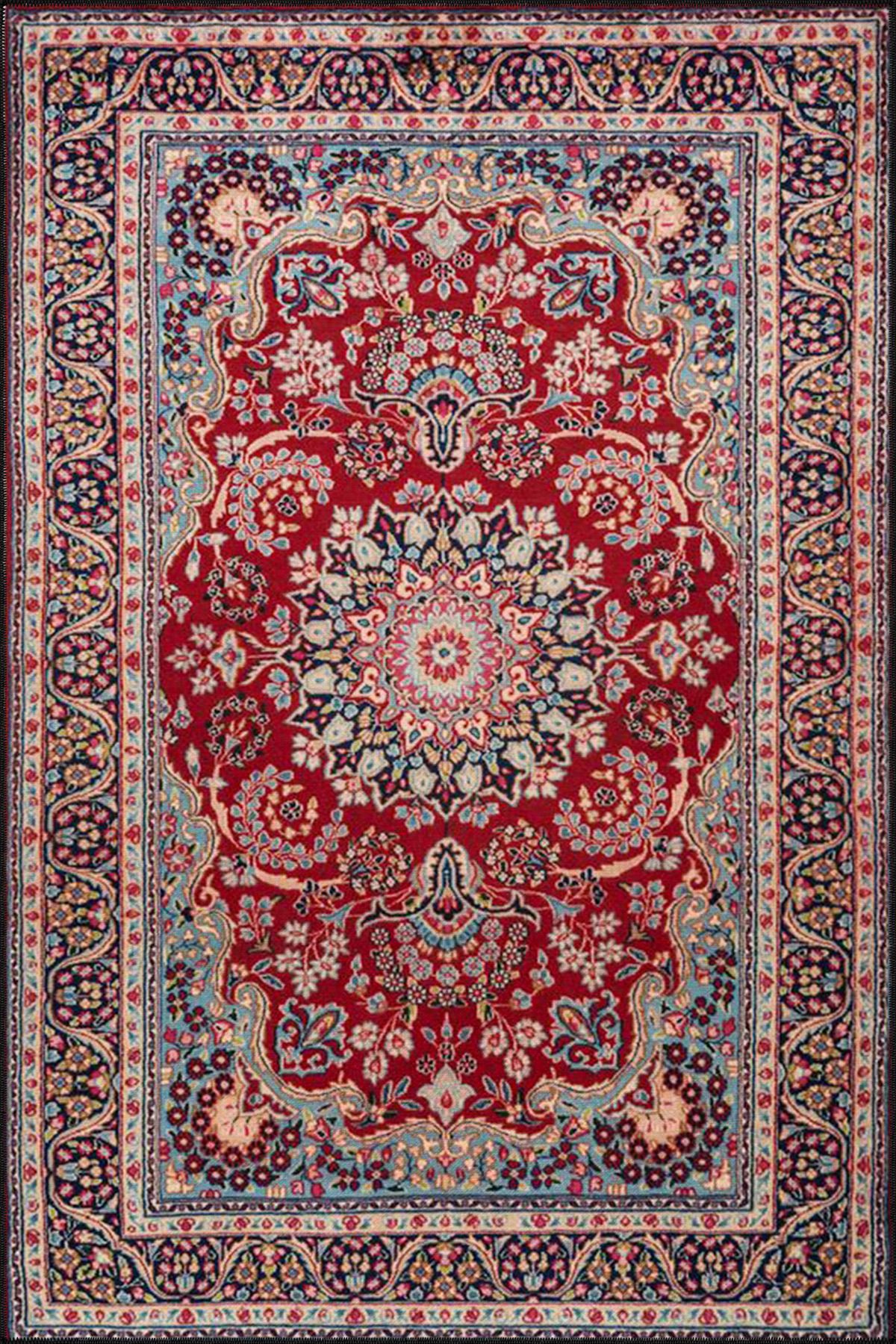 Kapalı Mavi ve Kırmızı Geleneksel Desenli Modern Dekoratif Halı 4480