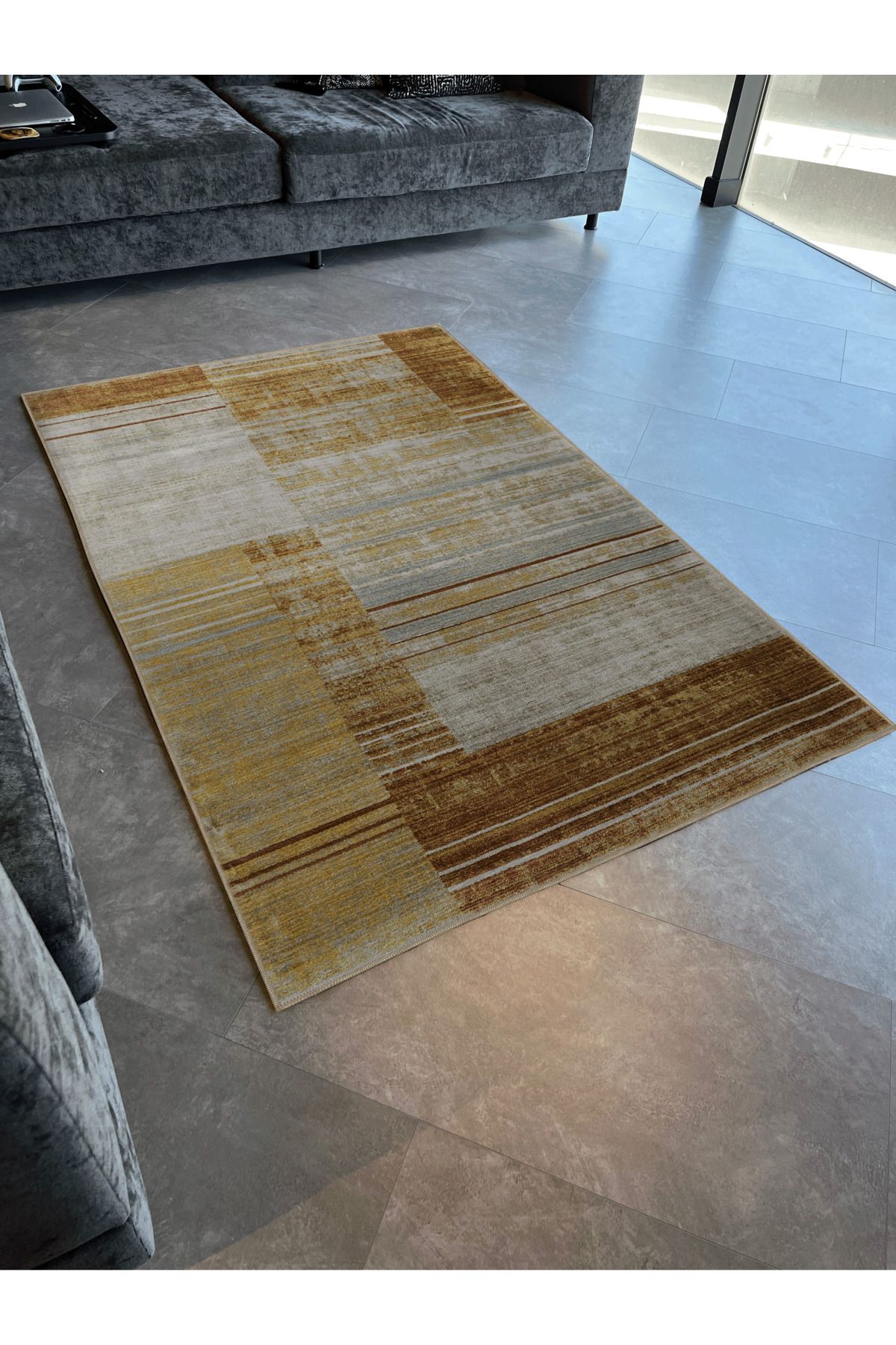 Turuncu Bej Temalı Soyut Desenli Kreatif Modern Dekoratif Halı 2857