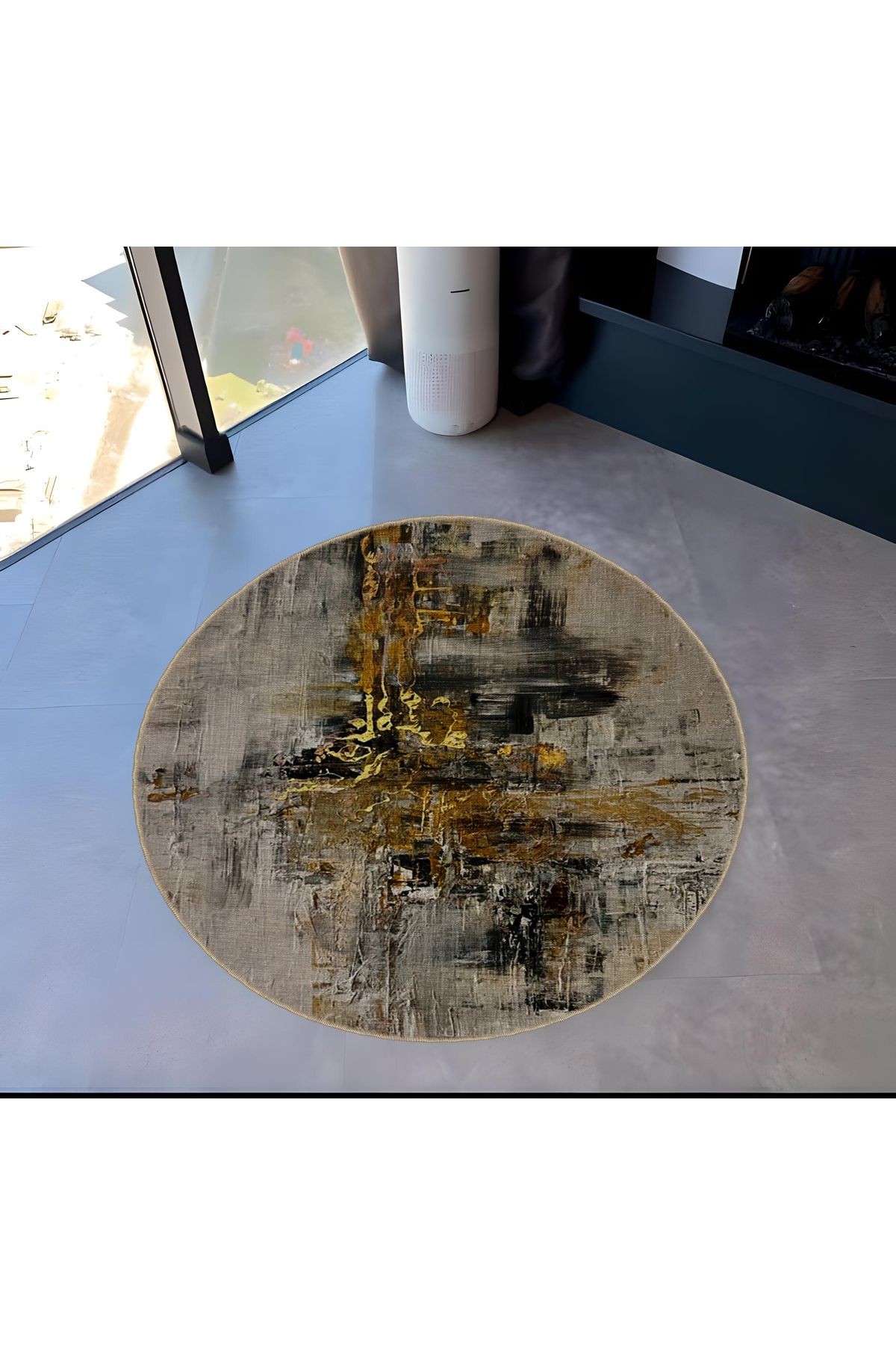 Gri Bej Ton Soyut Desenli Yuvarlak Dokuma Taban Modern Dekoratif Halı 6047