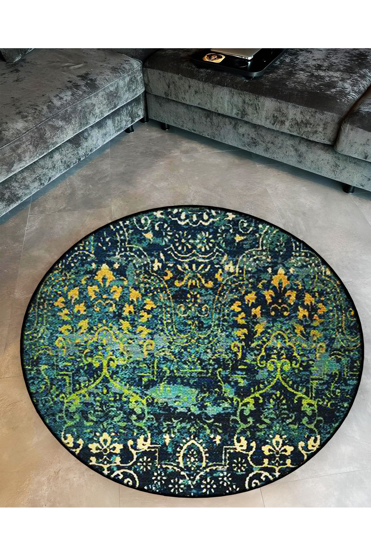 Koyu Yeşil Tema Motifli Geleneksel Desenli Yuvarlak Dokuma Taban Vintage Dekoratif Halı 6161