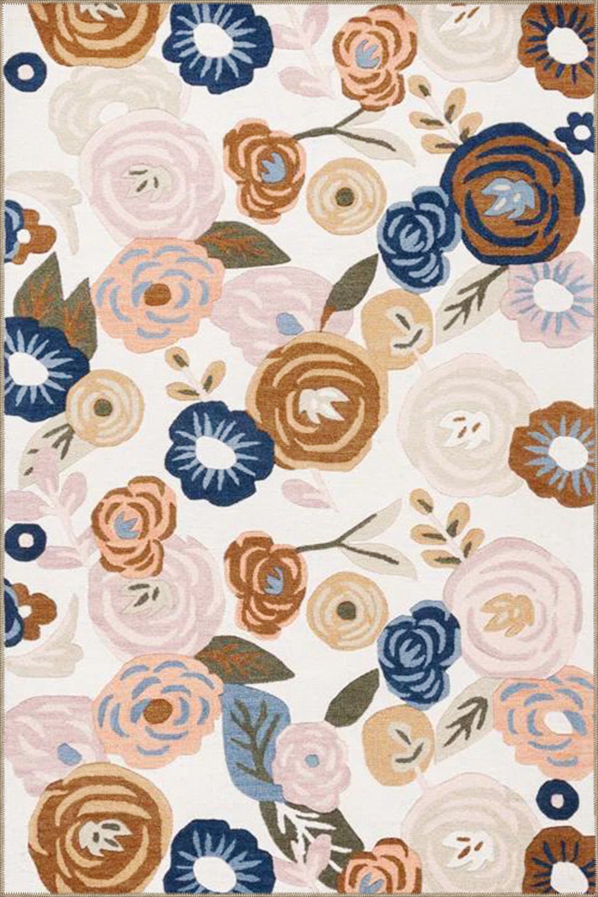 Krem Çiçekli Renkli ve Geometrik Dokuma Taban Yıkanabilir Halı miravip8354