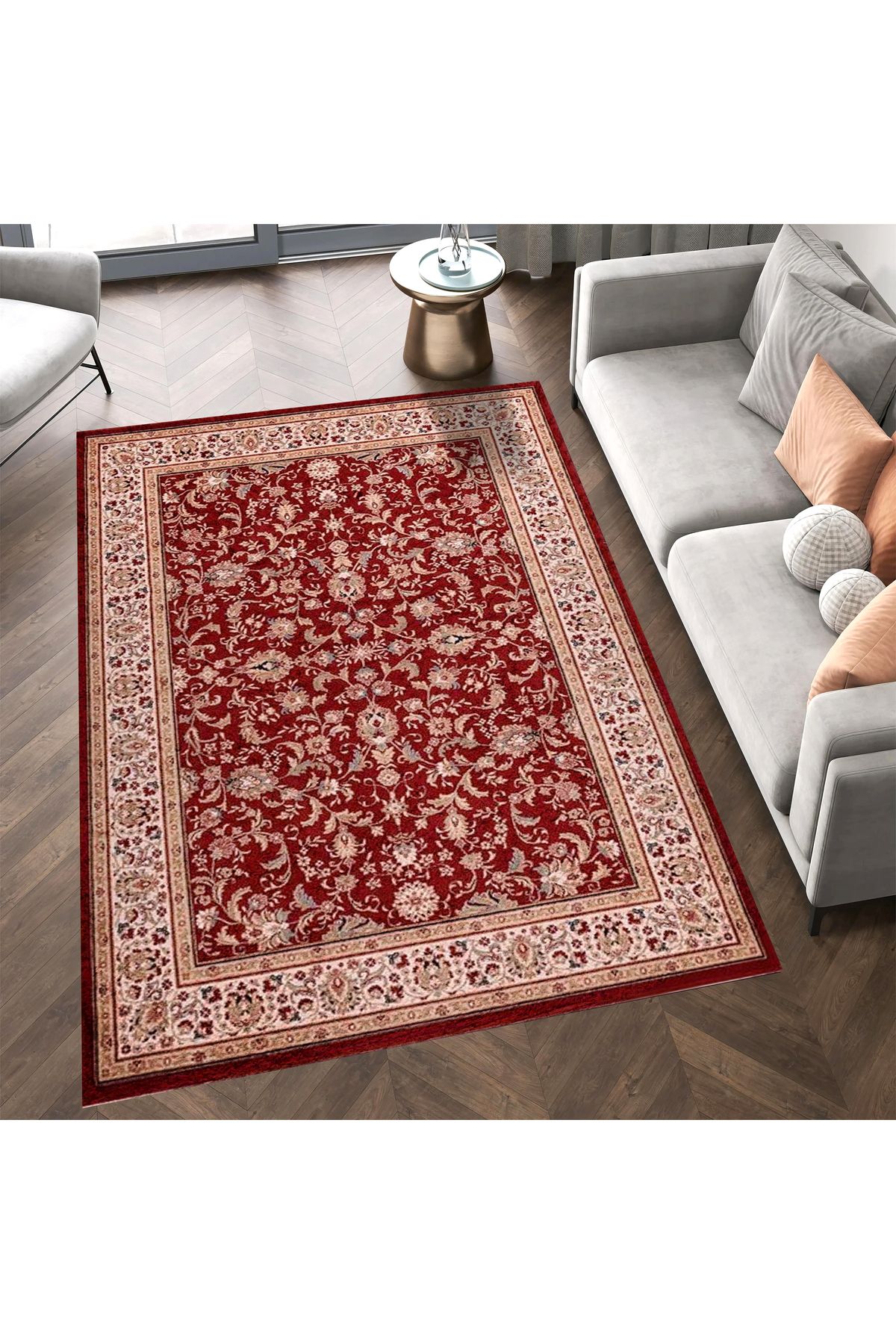 Kuzey Koleksiyonu Bej Bordür Detaylı Bordo Etnik Desenli Dokuma Taban Dekoratif Halı kuzey35