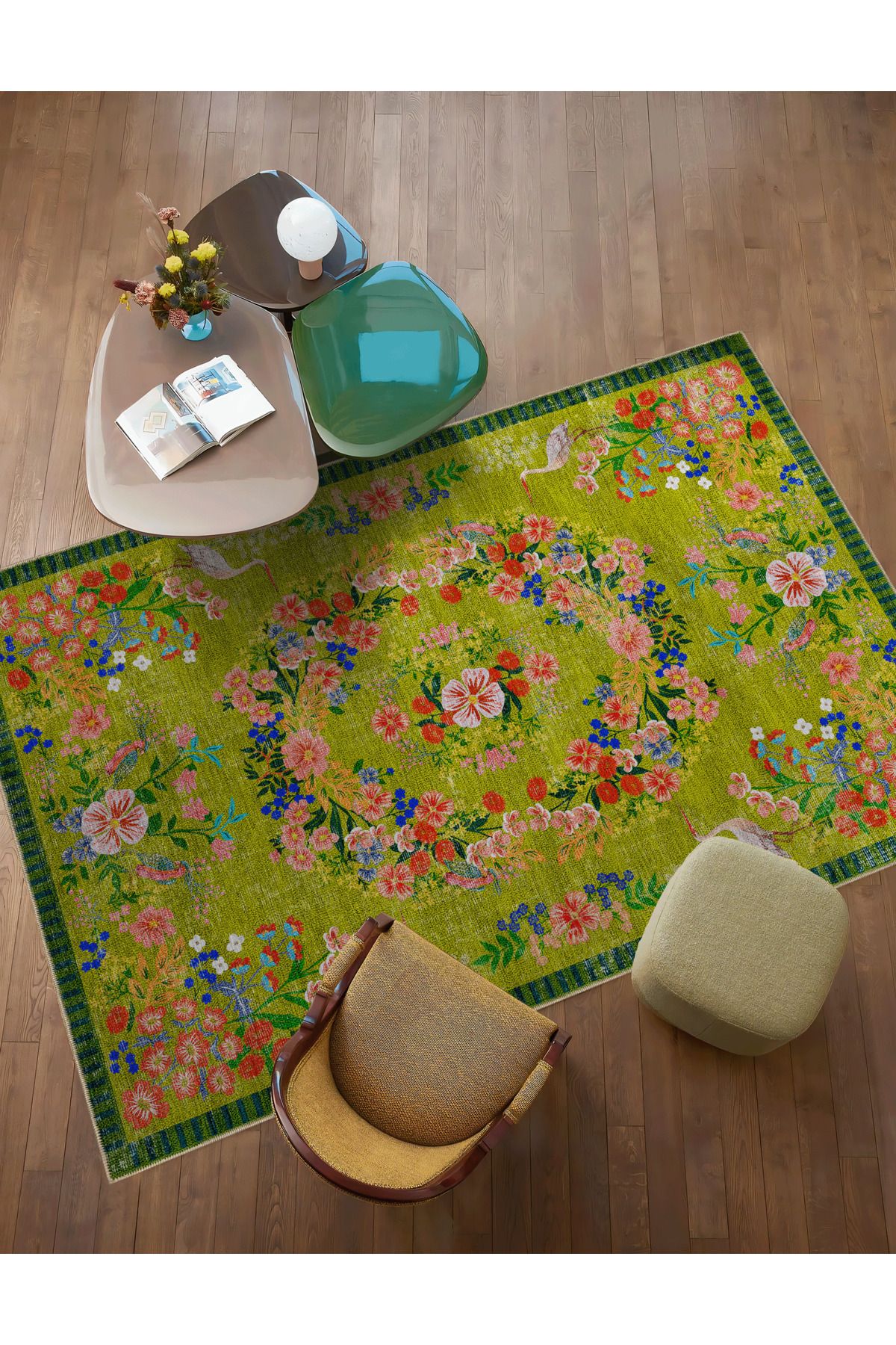 Floral Mira Yeşil Tema Çok Renkli Çiçek Desenli Renkli Dokuma Taban Halı Mira 2921