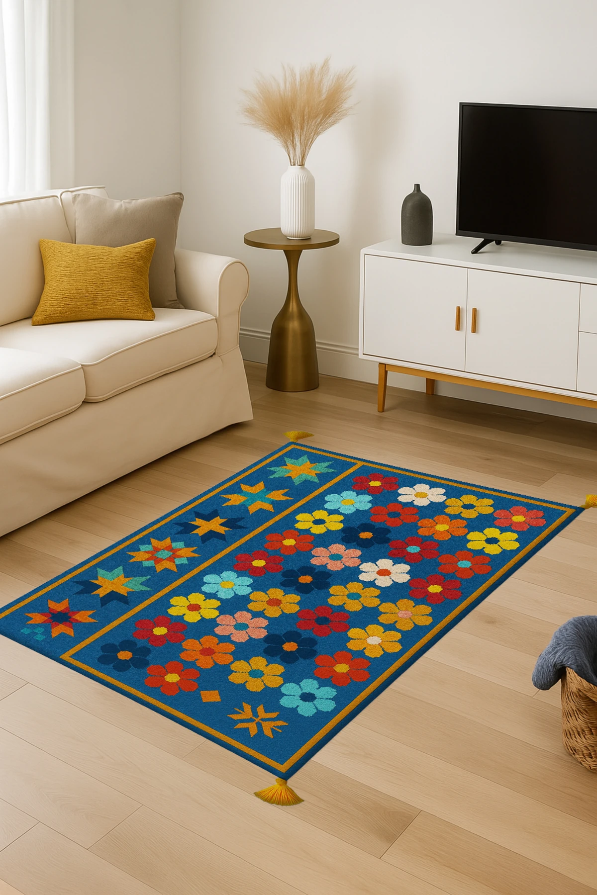 MOSSO Çiçekli Çok Renkli Desen Püsküllü Modern Dekoratif Halı mosso470