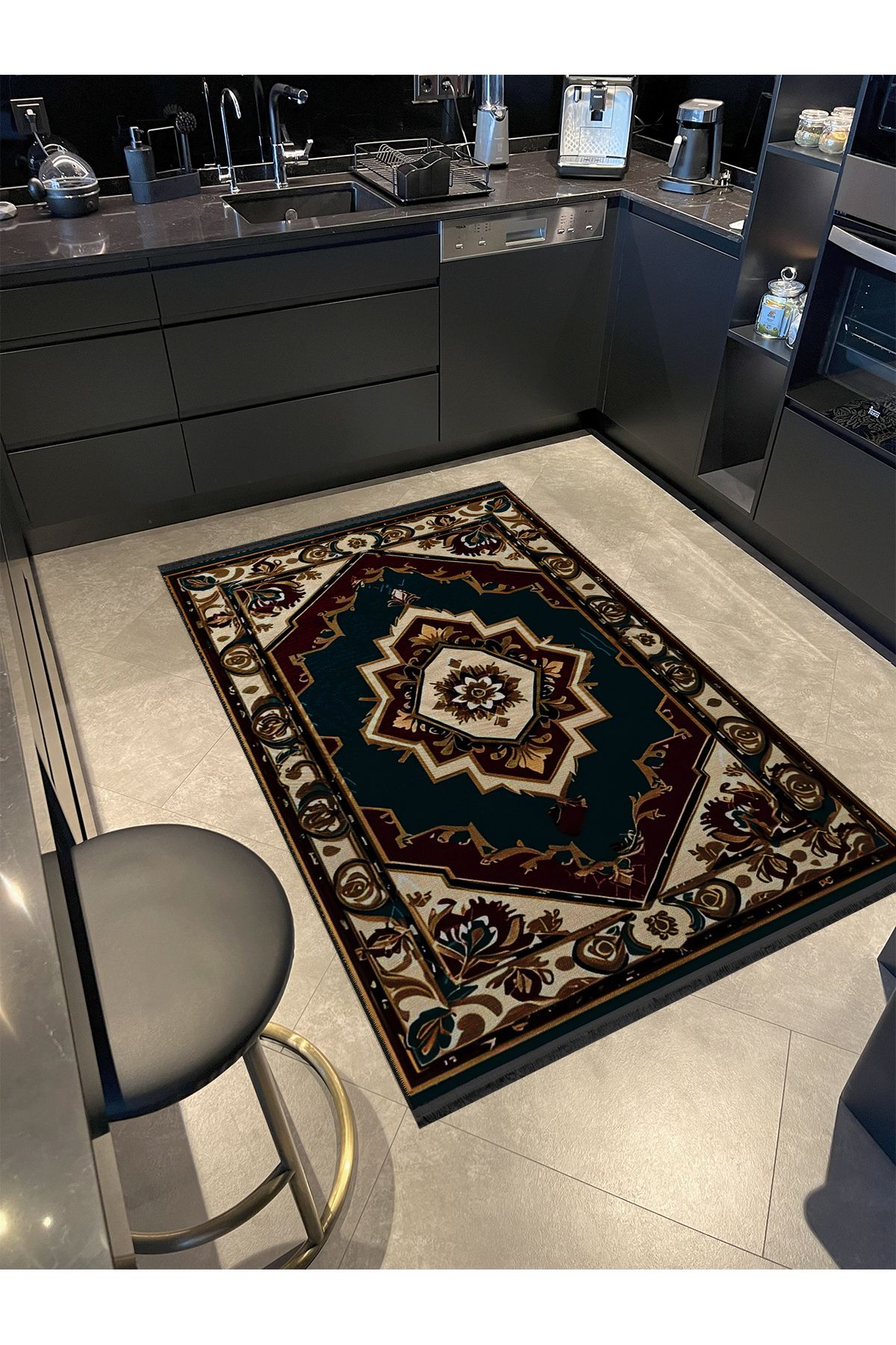 Yeşil Antik Tasarım Serisi Bordo ve Bej Detaylı Desenli Vintage Dekoratif Halı antik27