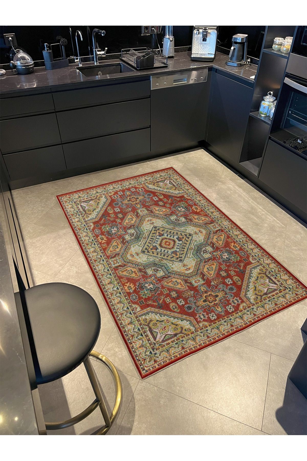 Kırmızı Geometrik Desenli Dokuma Taban Halı ve Yıkanabilir Halı aloha128
