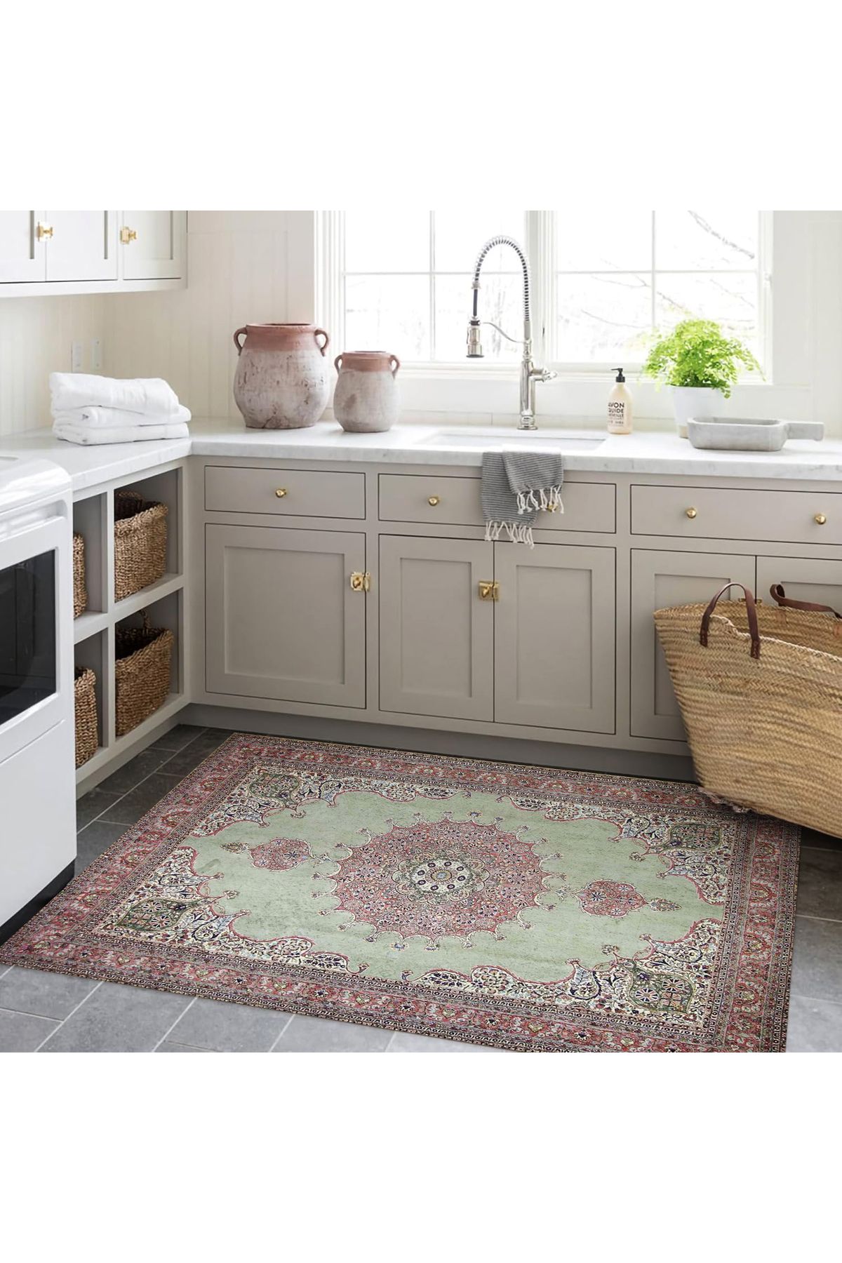 Mete Koleksiyonu Yeşil ve Pembe Tonlar Geleneksel Motif Desenli Vintage Dekoratif Halı 36