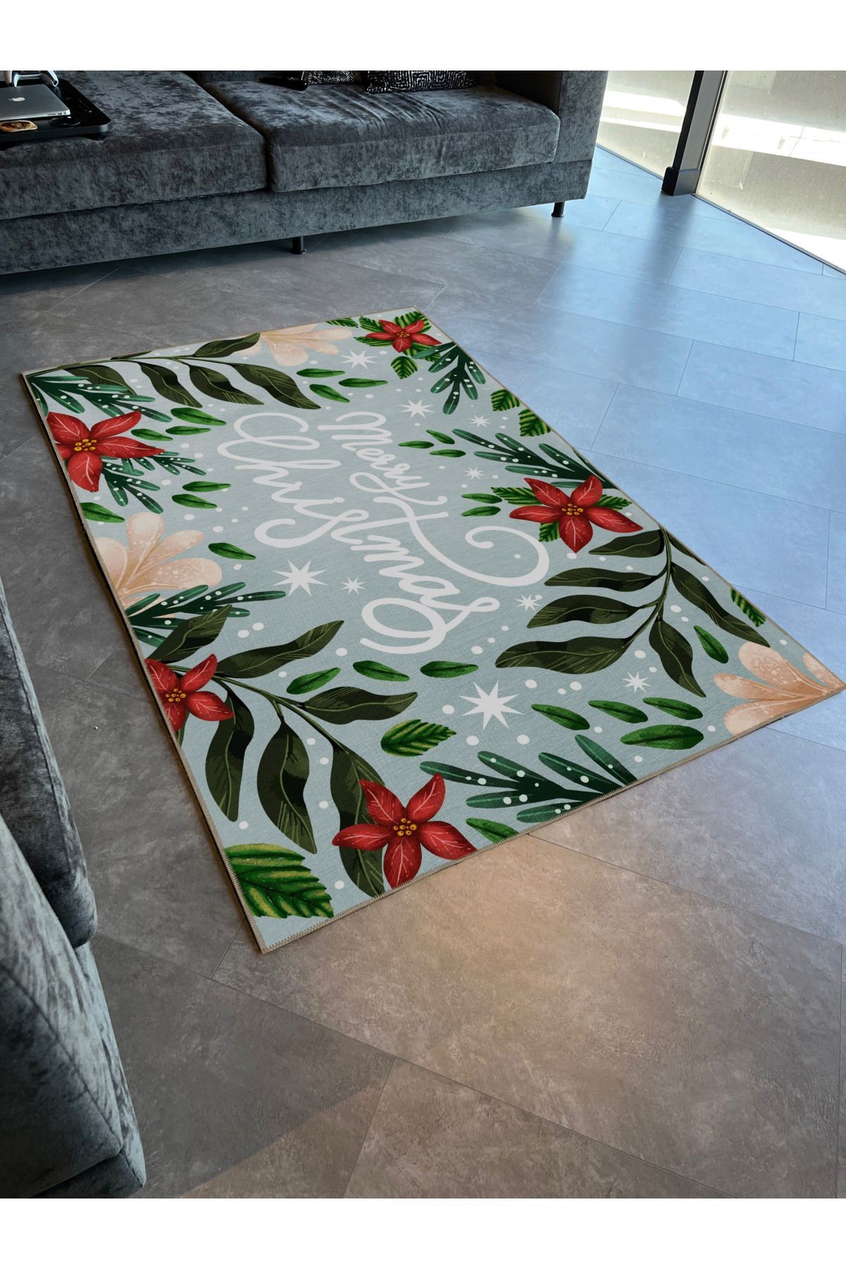 Açık Mavi Yılbaşı Temalı Merry Christmas Kar Tanesi ve Çiçek Desen Modern Dekoratif Halı 2236