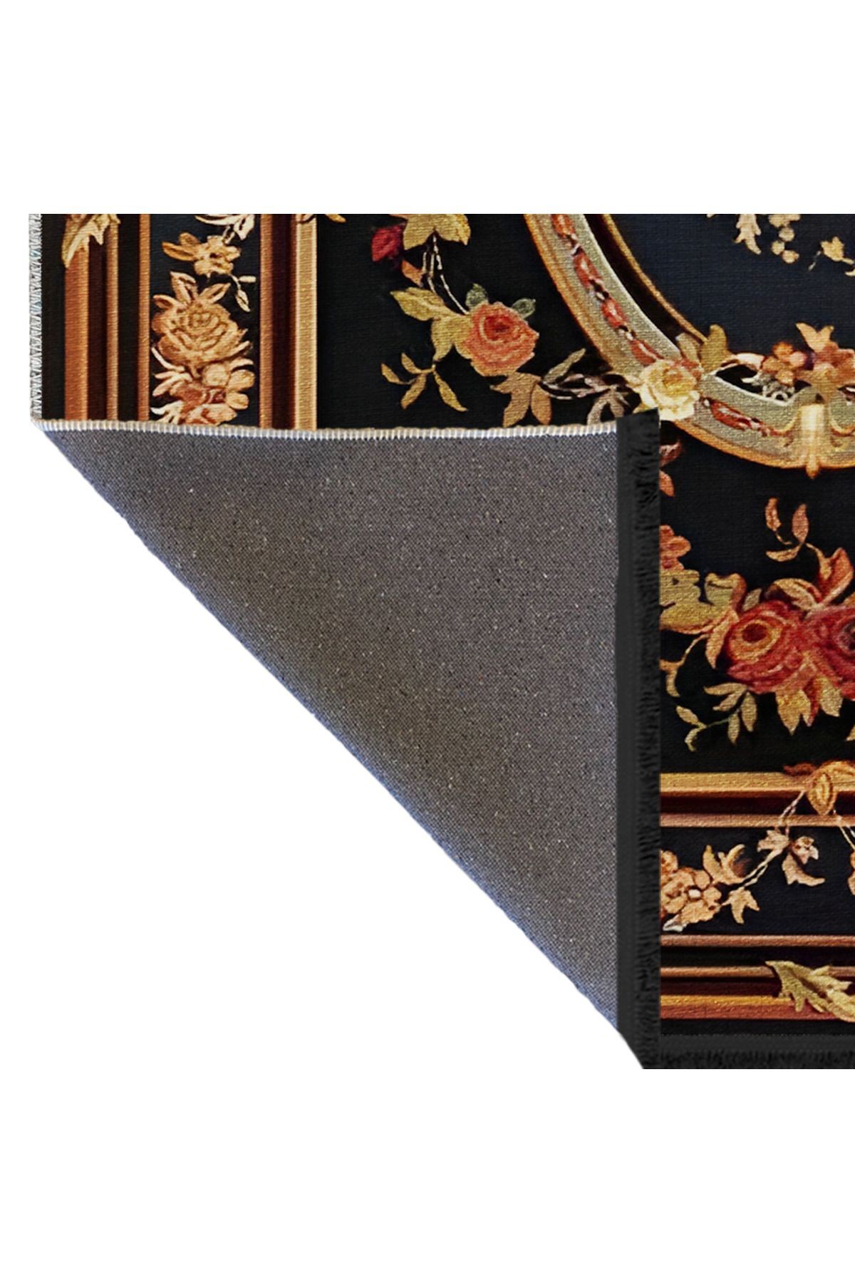 Siyah Temalı Çok Renkli Geleneksel Çiçek Motif Desenli Vintage Dekoratif Halı 1902