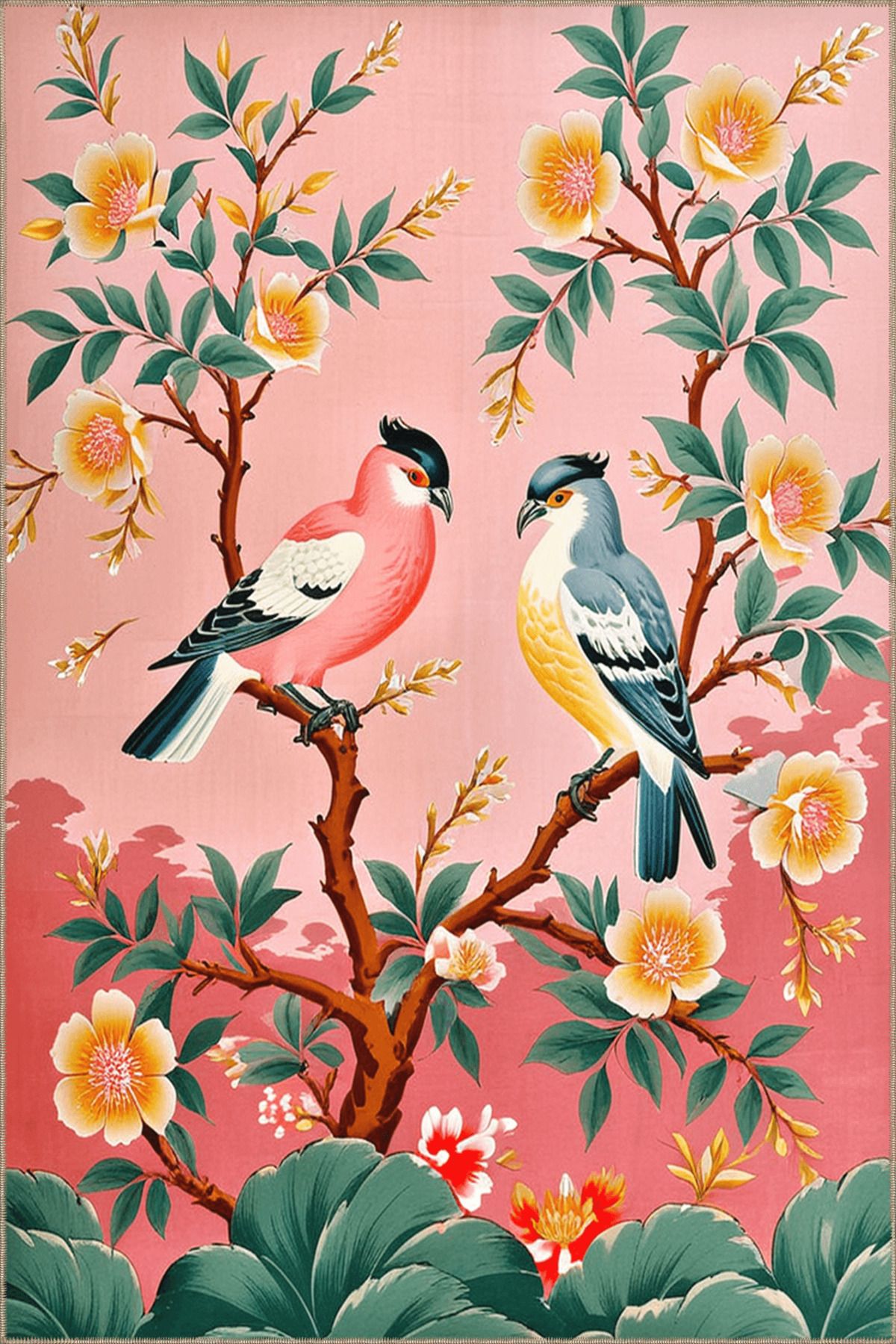 Paris Koleksiyonu Pembe Temalı Çiçekli Ağaç ve Kuş Desenli Modern Dekoratif Halı 114