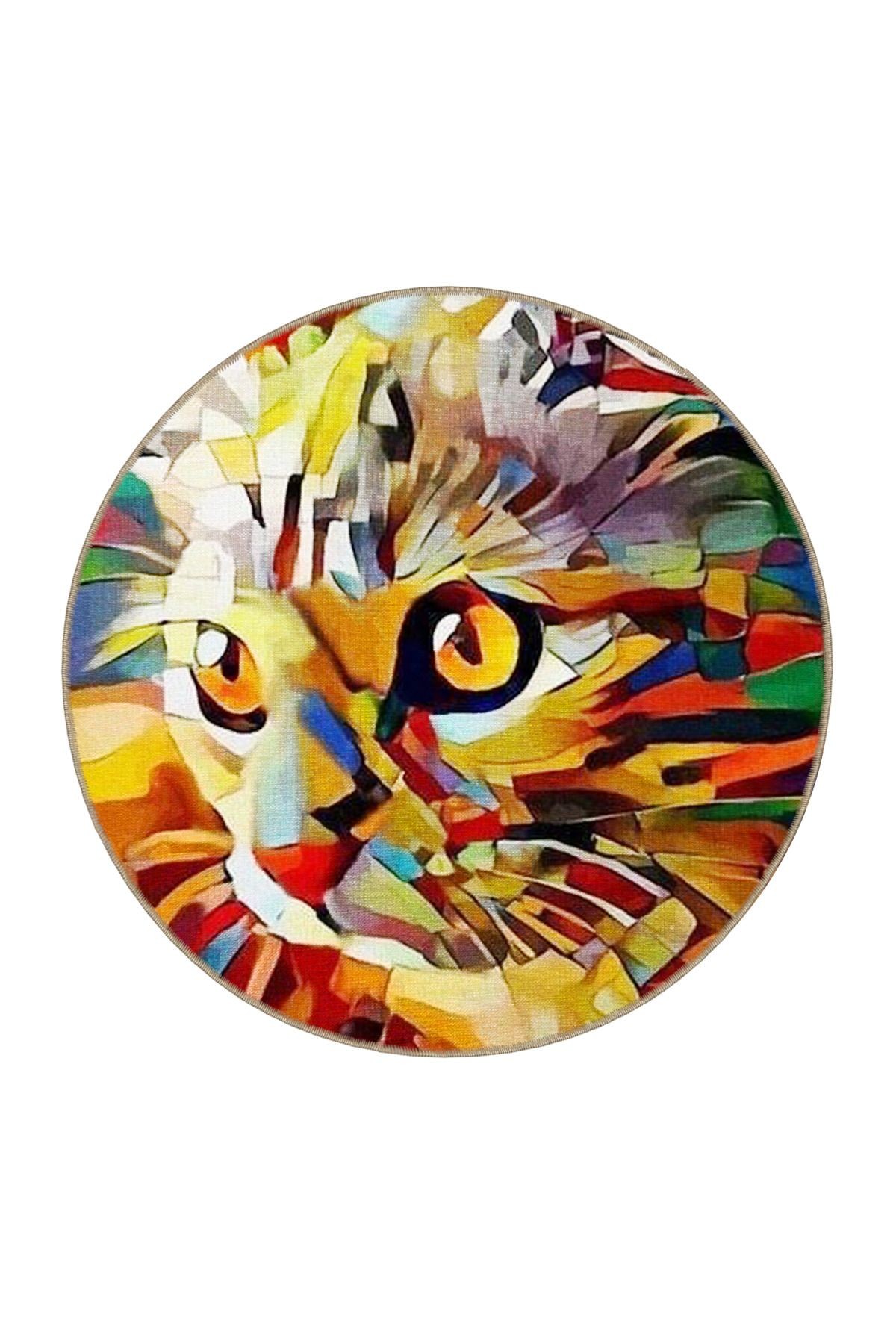 Çok Renkli Sürrealist Tasarım Soyut Kedi Desenli Modern Dekoratif Halı 3470