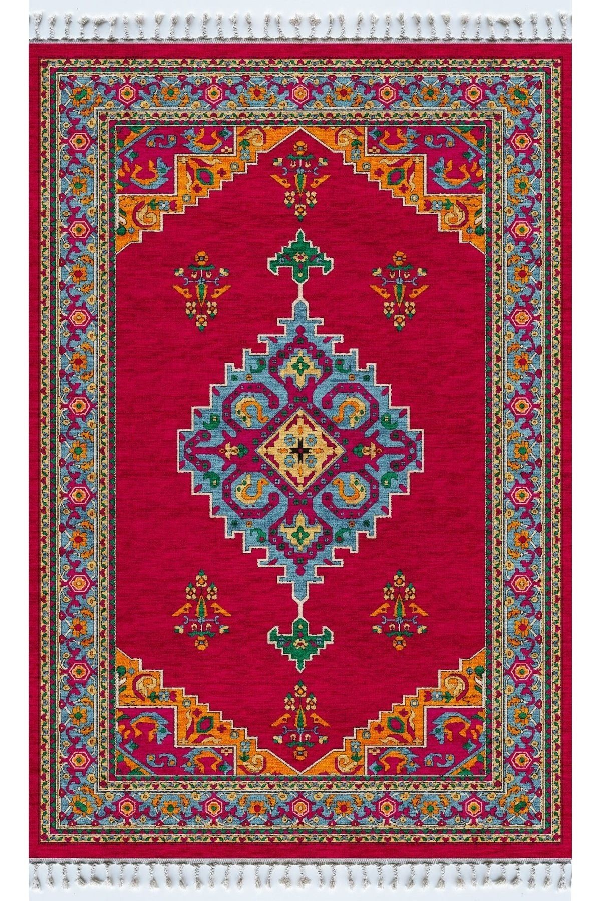 Opal Kırmızı Antik Desenli Püskül Detaylı Dokuma Taban Modern Dekoratif Halı opal09