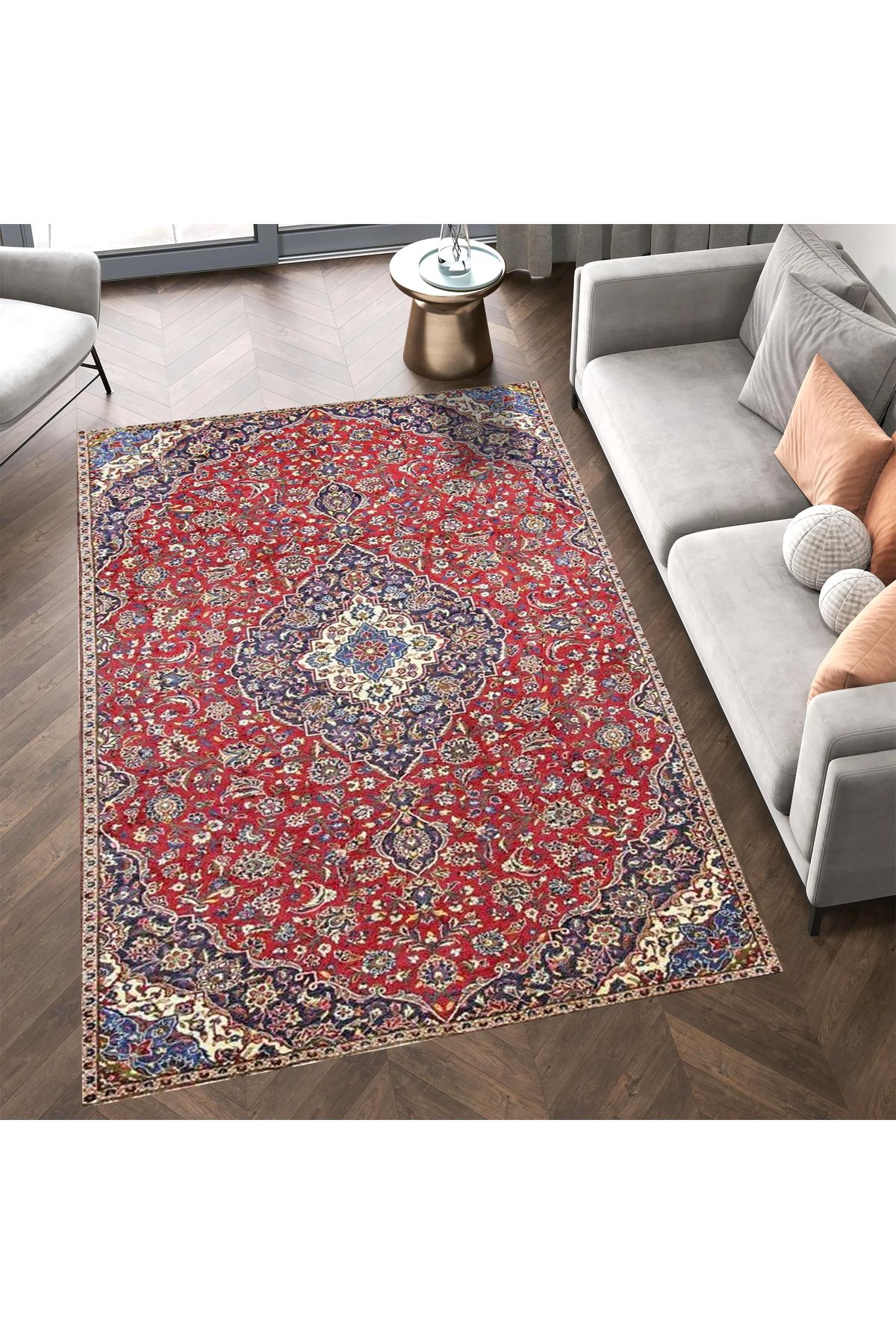 Kırmızı Lacivert Etnik Desenli Dokuma Taban Dekoratif Halı