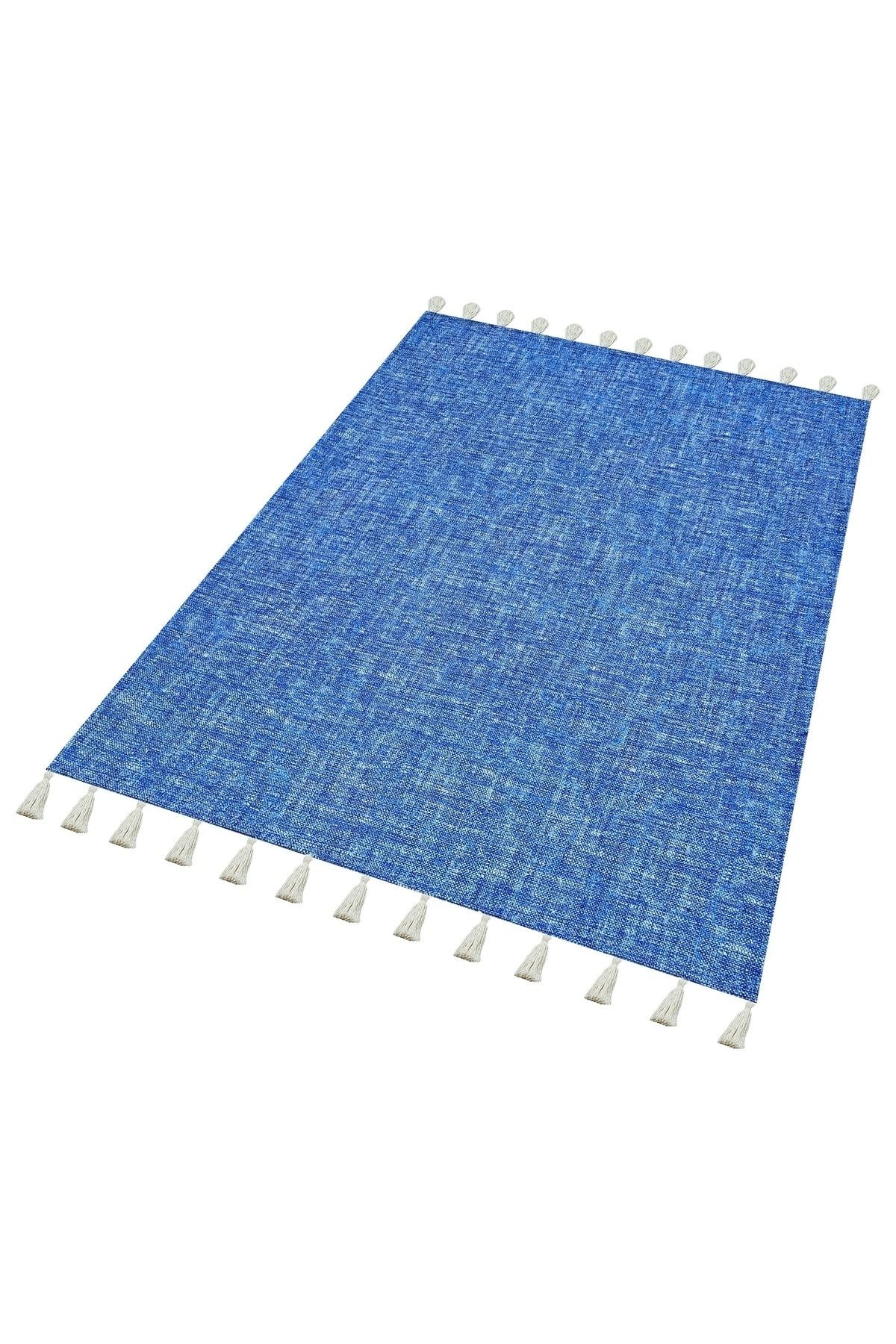 Moroccan 9004 Alaçatı Mavisi Beyaz Püsküllü Bohomian Ve Modern Kilim