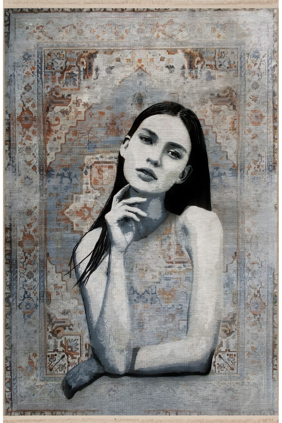 Gri Temalı Soyut Kadın Etnik Motif Desenli Kreatif Modern Dekoratif Halı 2492