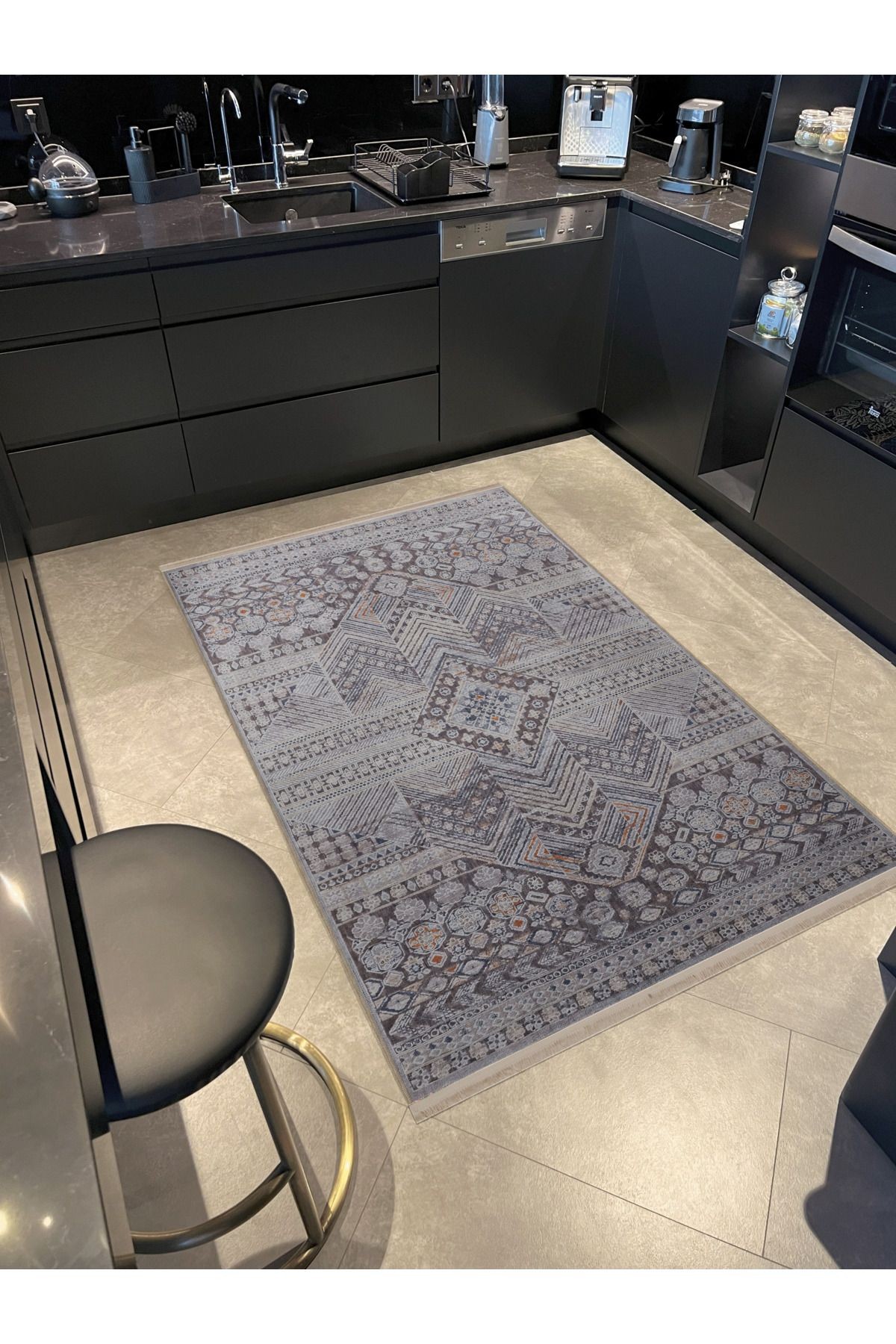 Açık Ton Gri Temalı Karma Geometrik Şekil Desenli Kreatif Vintage Dekoratif Halı 2396