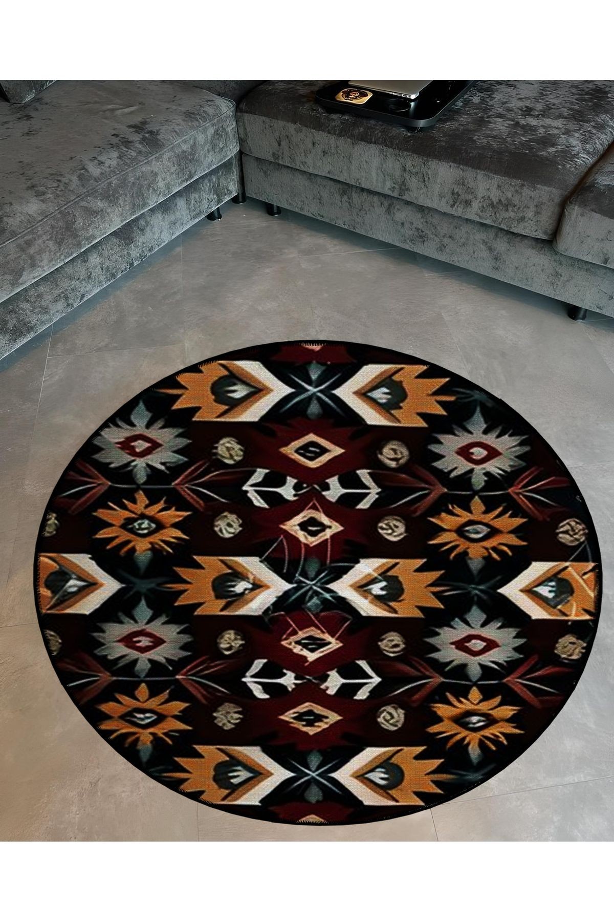Koyu Ton Karma Etnik Motif Desenli Yuvarlak Dokuma Taban Vintage Dekoratif Halı 6076