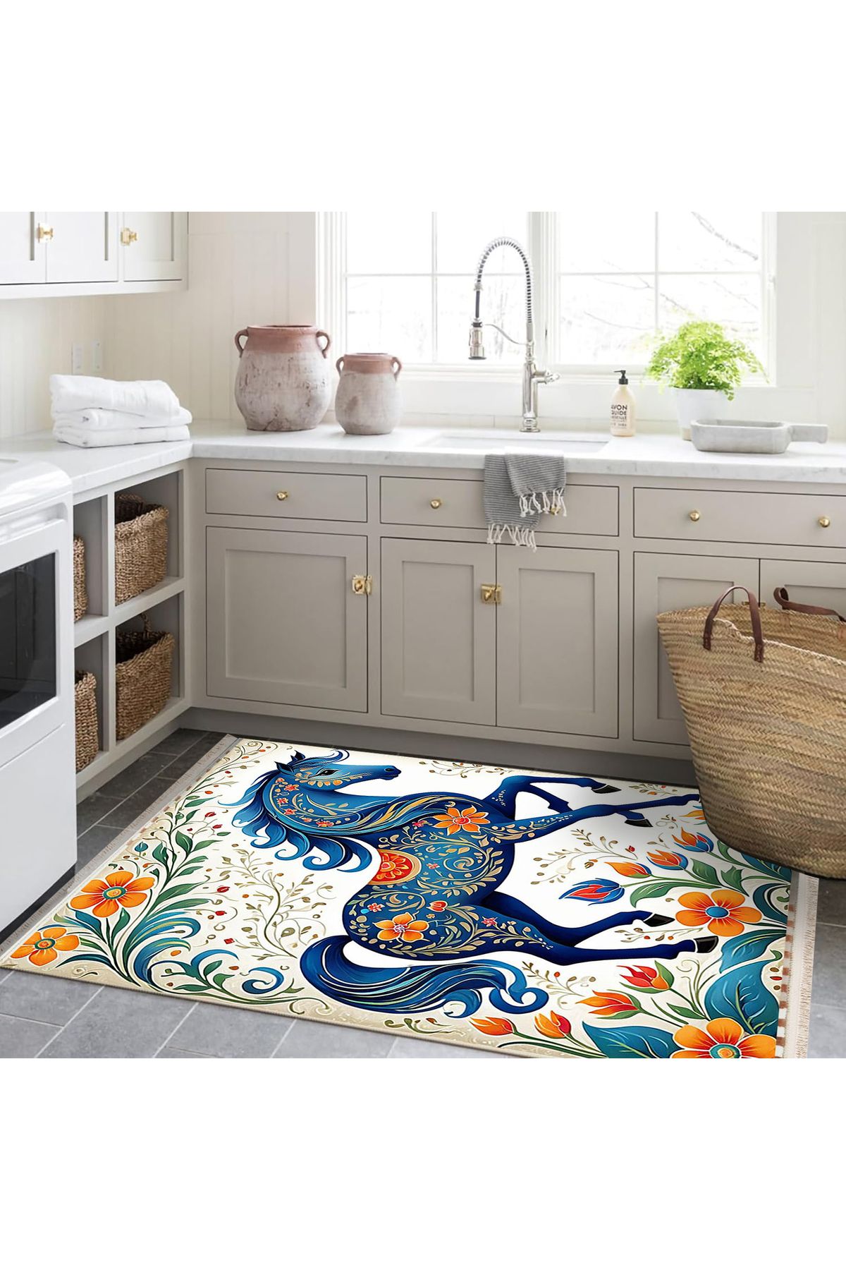 Özge Koleksiyonu Sarmaşık ve Çiçek Detaylı Mavi At Desenli Dokuma Taban Modern Dekoratif Halı özge11