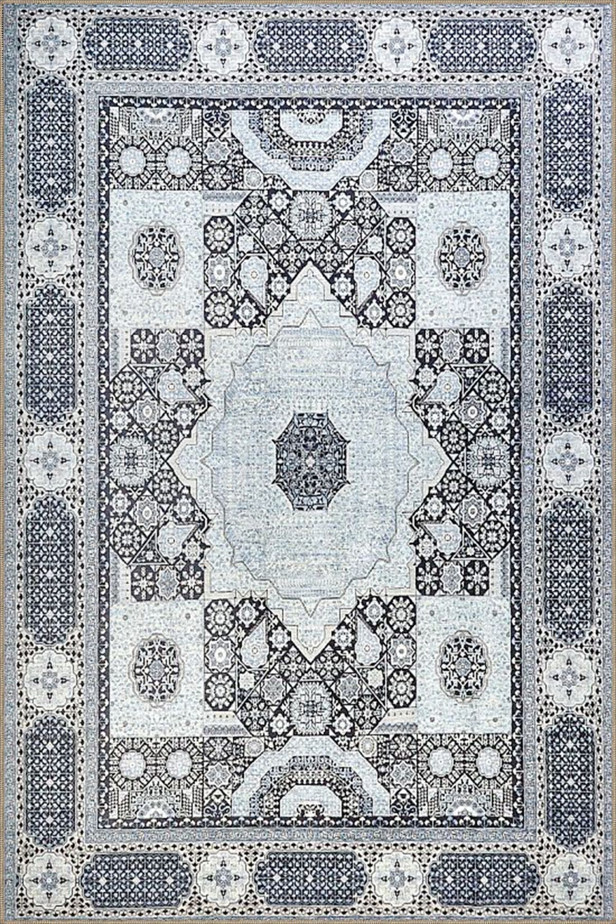 Modern Gri Renklerinde Geleneksel Dokuma Taban Halı miravip498