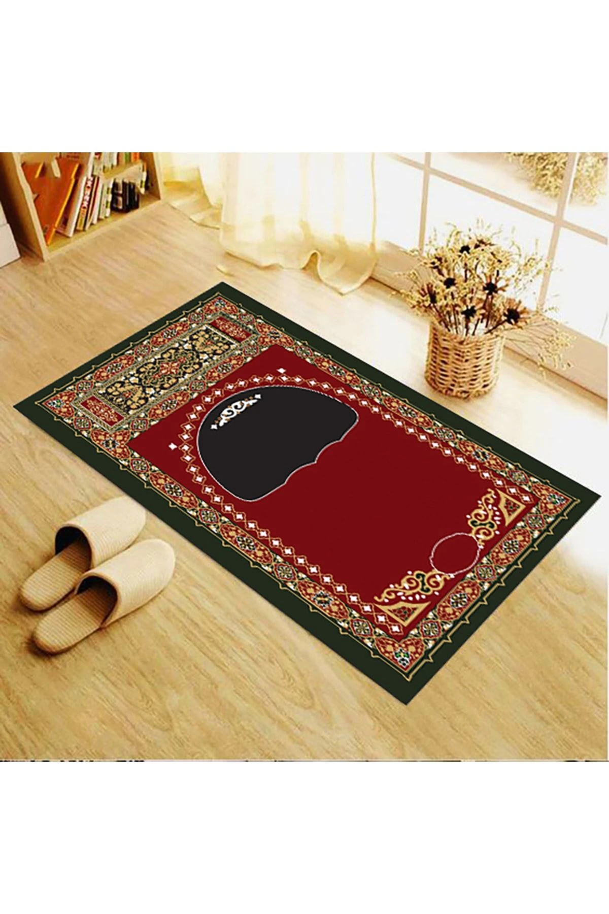 Kırmızı Ve Yeşil Çiçekli Geometrik Desenli Seccade 70x120