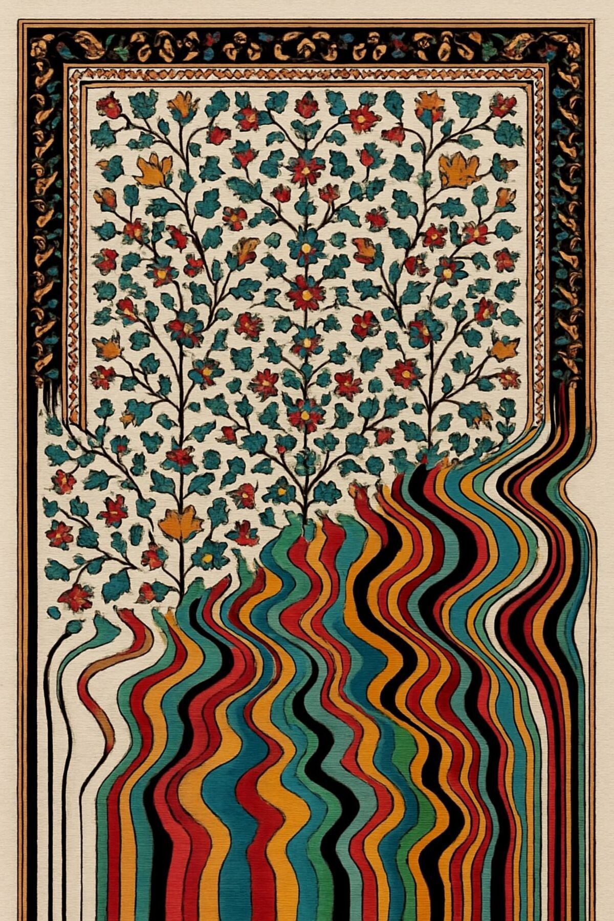 MOSSO Çok Renkli Vintage Desenli Akan Motifler Dokuma Taban Dekoratif Halı mosso115