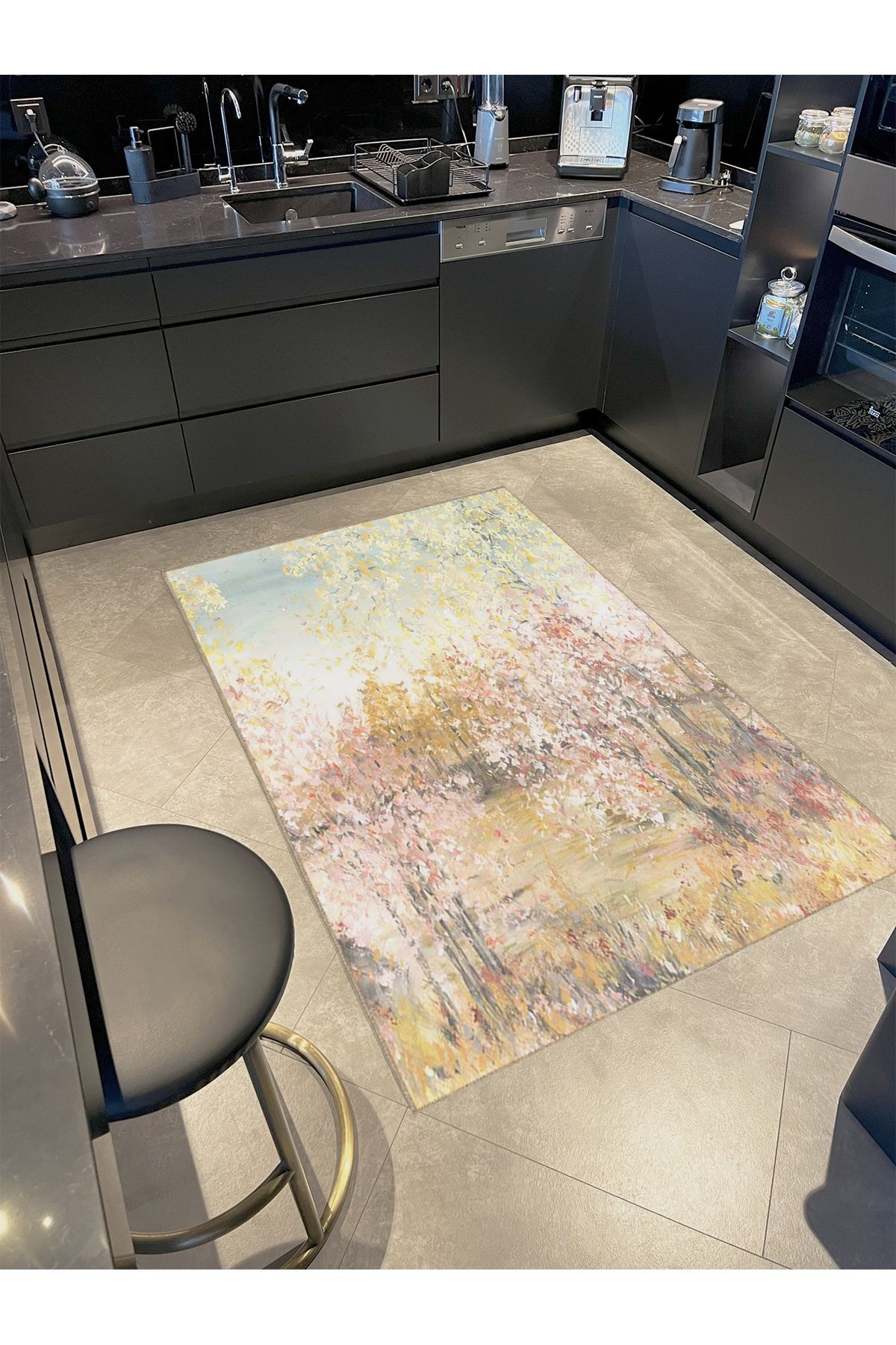 Semih Koleksiyonu Çok Renkli Soyut Ağaçlar Desenli Dokuma Taban Modern Dekoratif Halı 42