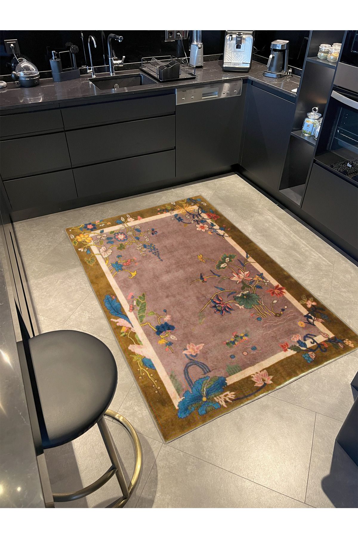 Kahverengi Sarmaşık Çiçekli Modern Desenli Dokuma Taban ve Dekoratif Yıkanabilir Halı miravip8571