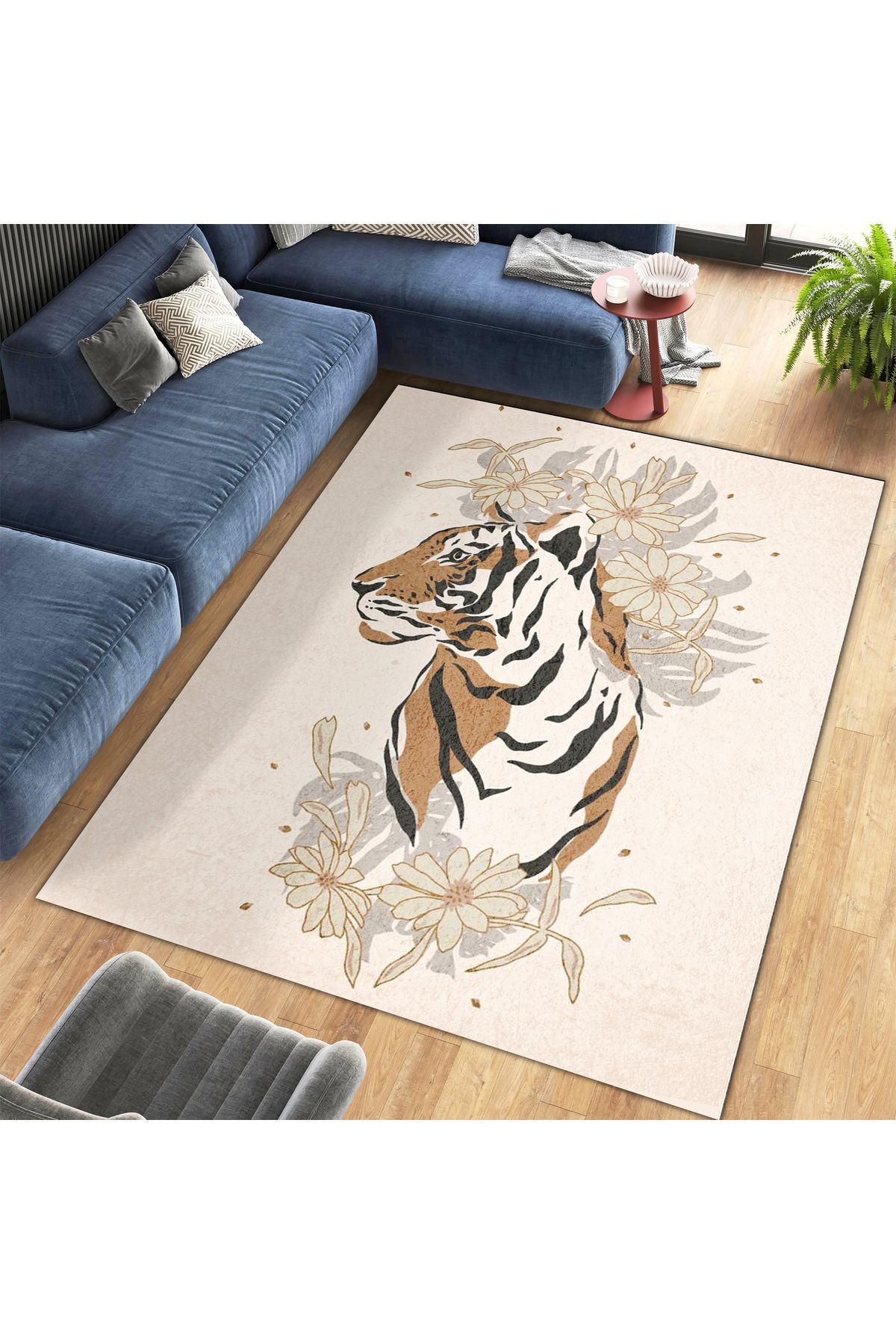 Kuzey Koleksiyonu Bej Tonlarda Kaplan Detaylı Dokuma Taban Modern Dekoratif Halı kuzey19