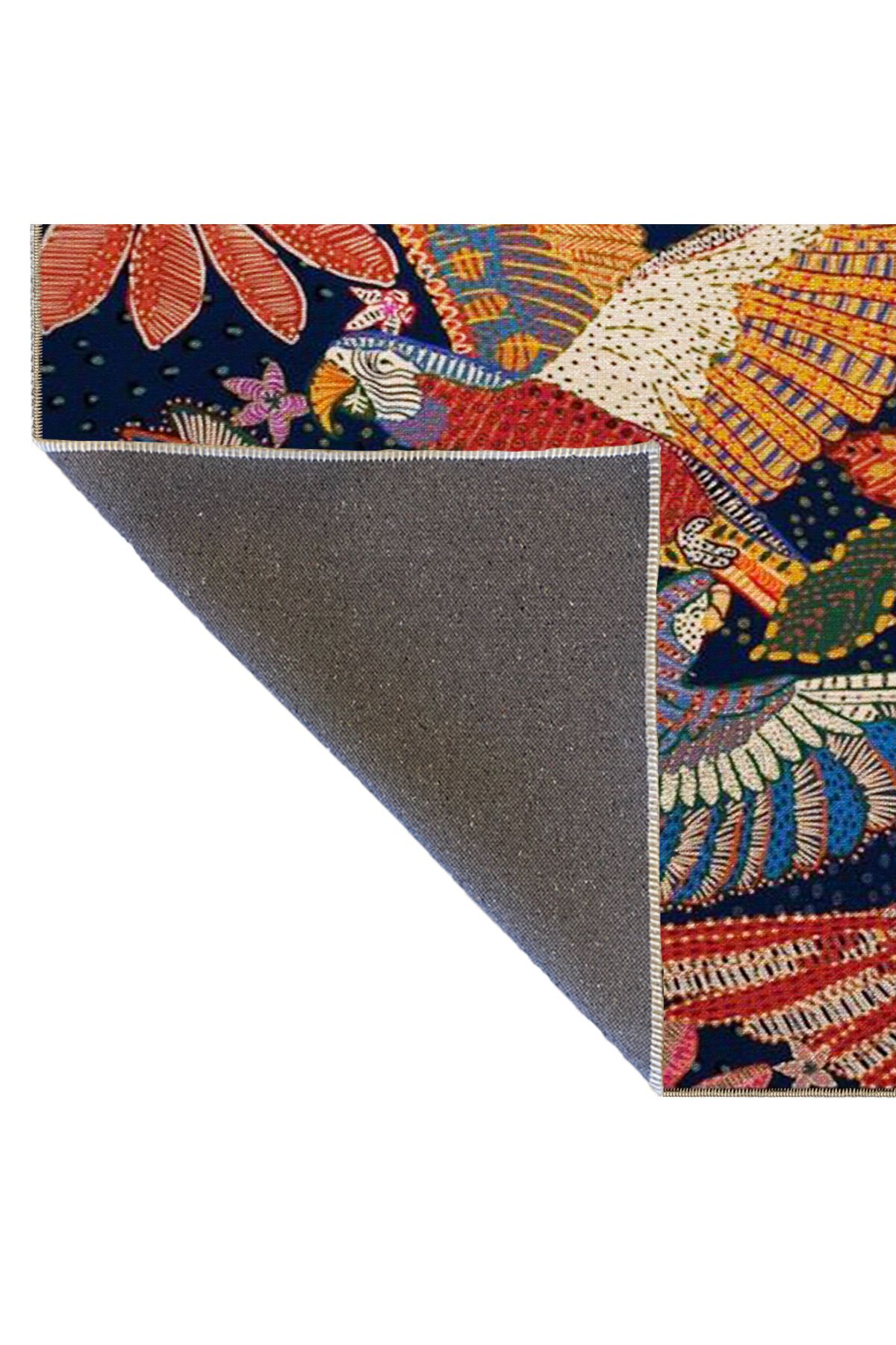 Lacivert Temalı Çok Renkli Floral Çiçek Desenli Kreatif Modern Dekoratif Halı 3648