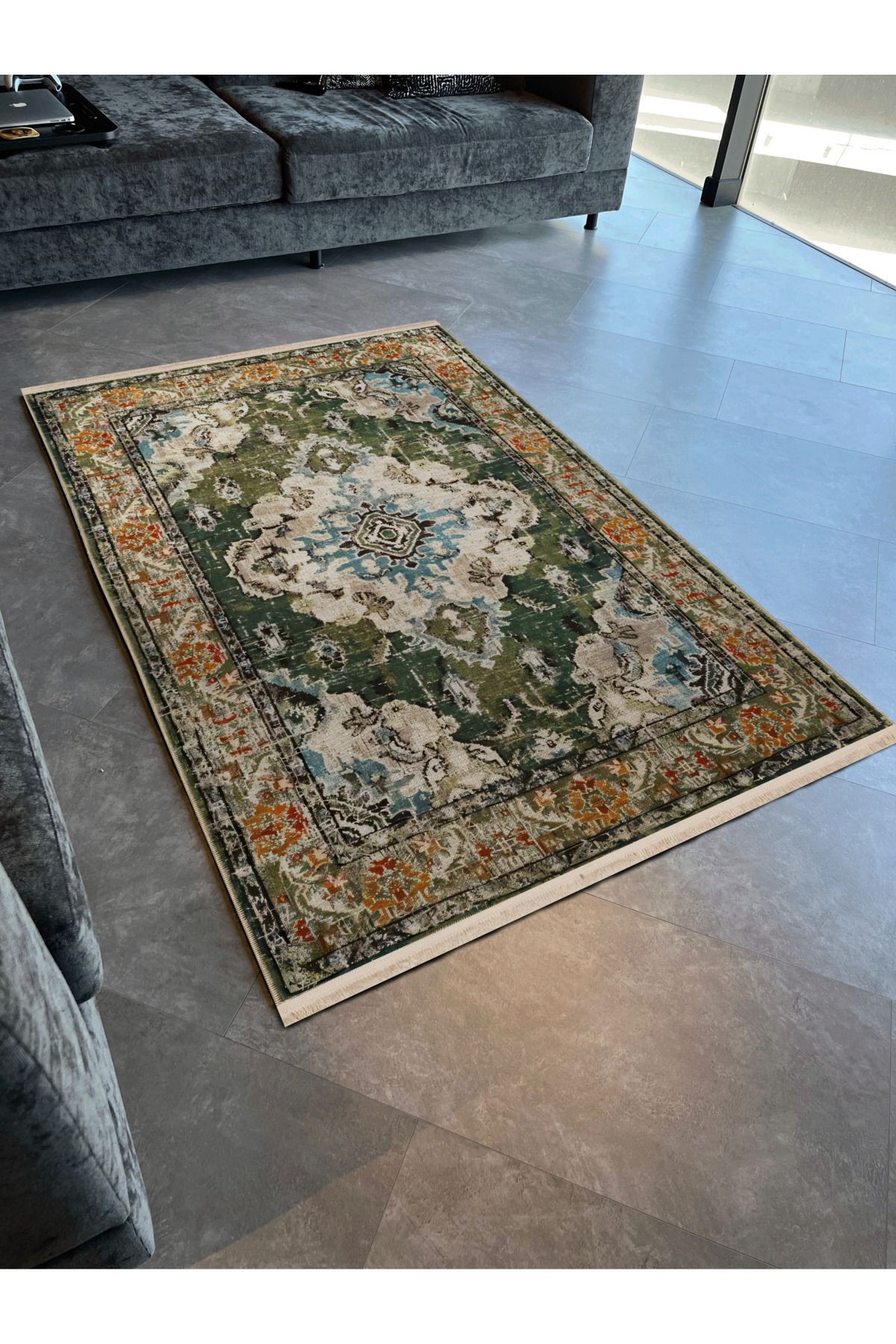 Yeşil Haki Bej Temalı Geleneksel Motif Etnik Desenli Kreatif Vintage Dekoratif Halı 2386
