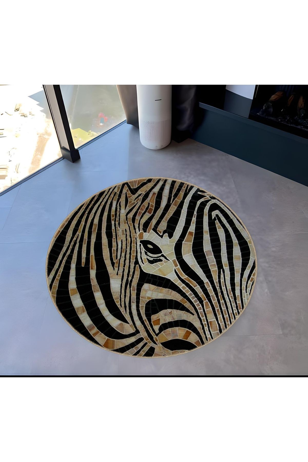 Animal Koleksiyonu Yuvarlak Zebra Yüzü Desenli Dokuma Taban Yıkanabilir Halı animal10
