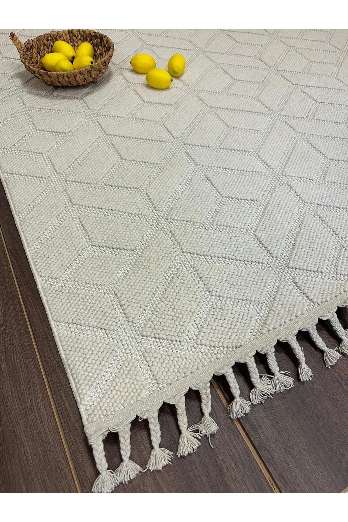 Boho Iskandinav Desen Bej Renk Bohem Etnik Desen Örgü Saçaklı Halı Kilim
