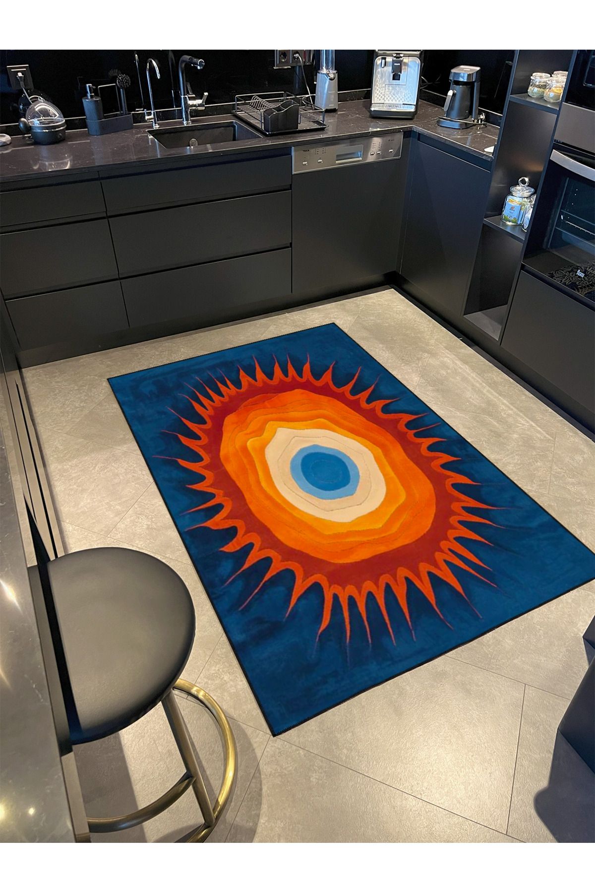 Paris Koleksiyonu Turuncu ve Mavi Temalı Soyut Abstract Şekil Desenli Modern Dekoratif Halı 139