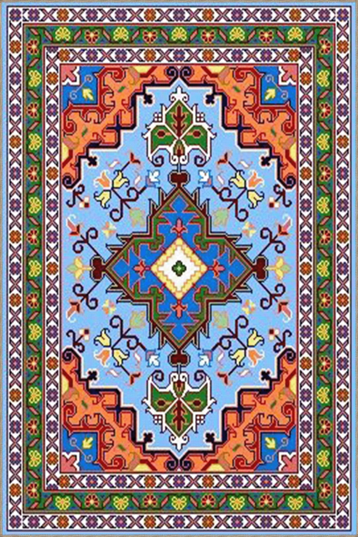 Mavi Turuncu Temalı Geleneksel Motif Desenli Vintage Dekoratif Halı 3545