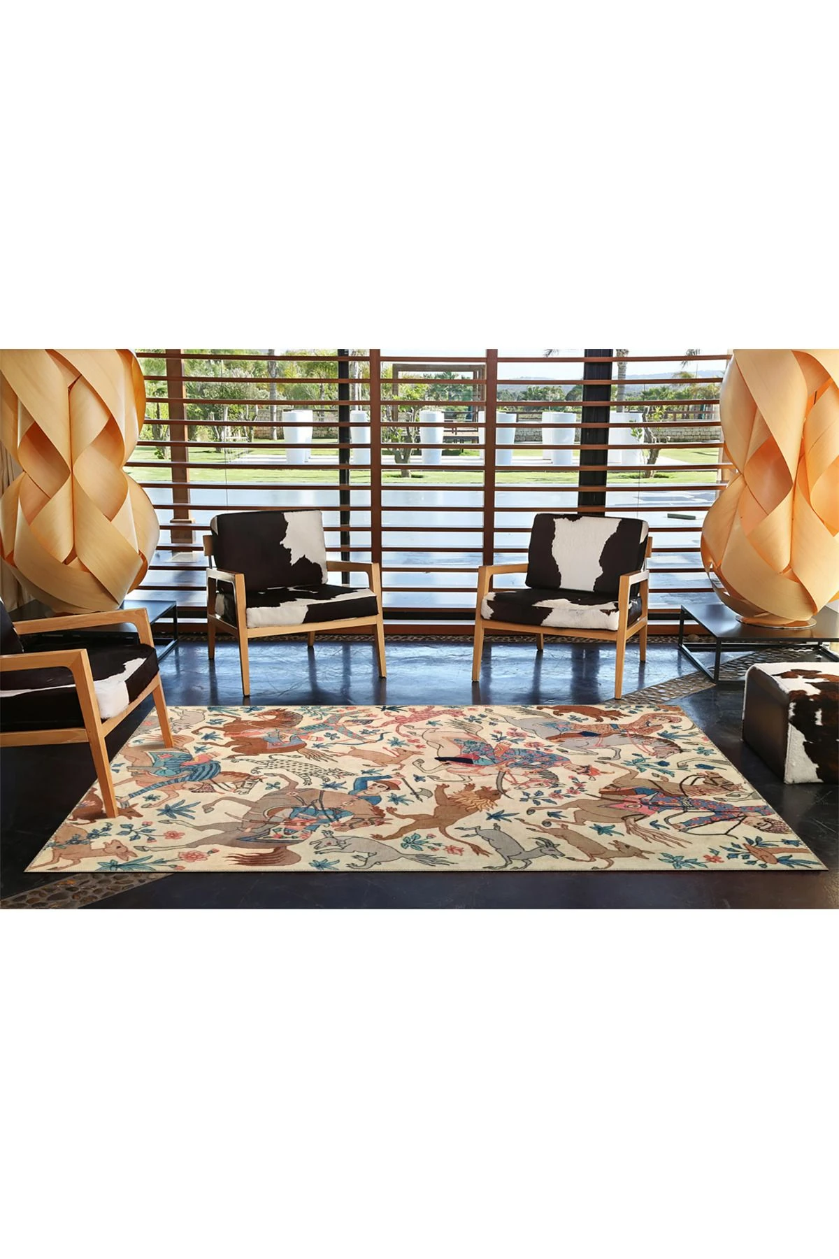 Krem Tonlarda Ağaçlı Hayvanlı Desenli Dokuma Taban Halı miravip395