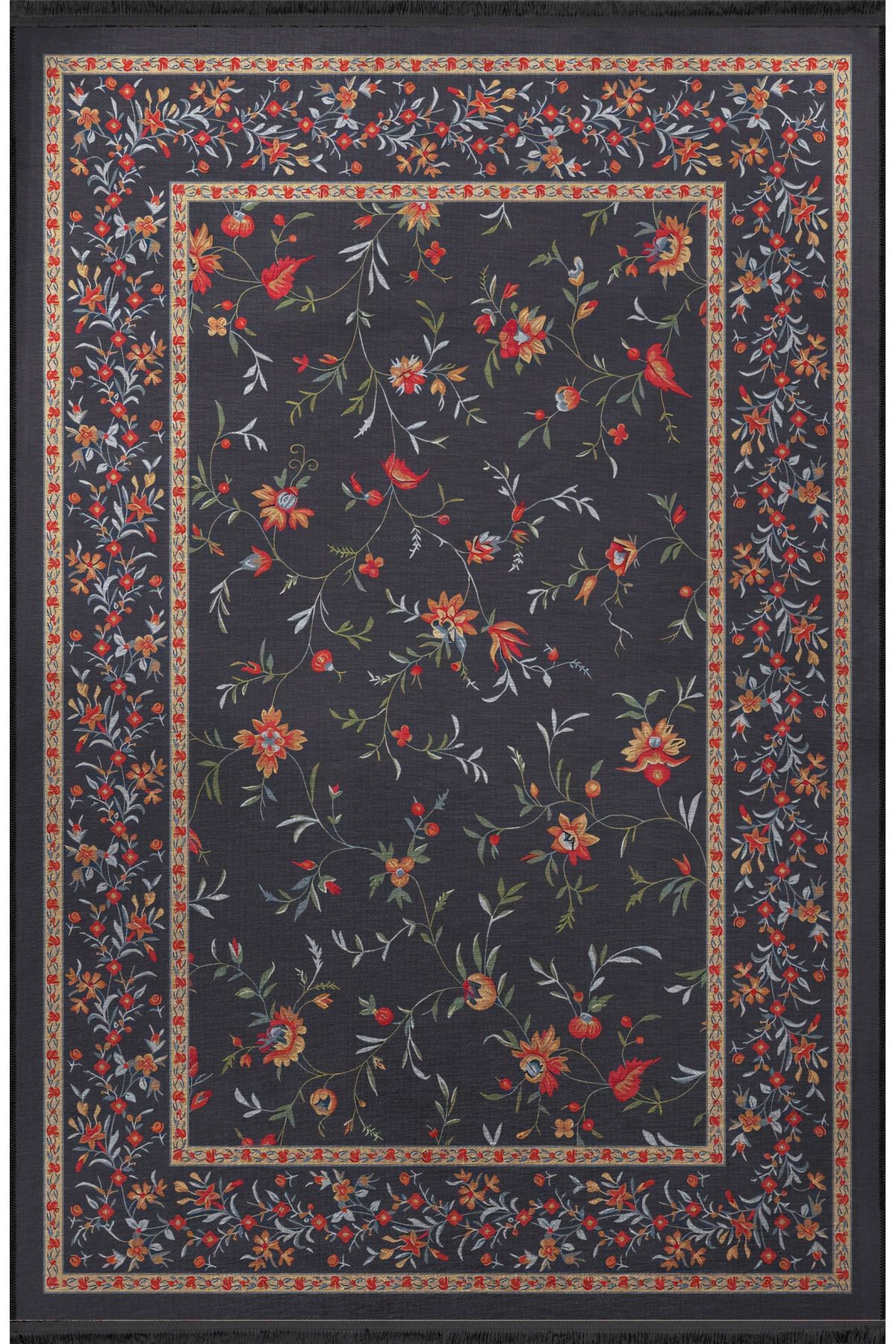 Koyu Ton Çok Renkli Motifli Etnik Çiçek Desenli Kreatif Vintage Dekoratif Halı 2554