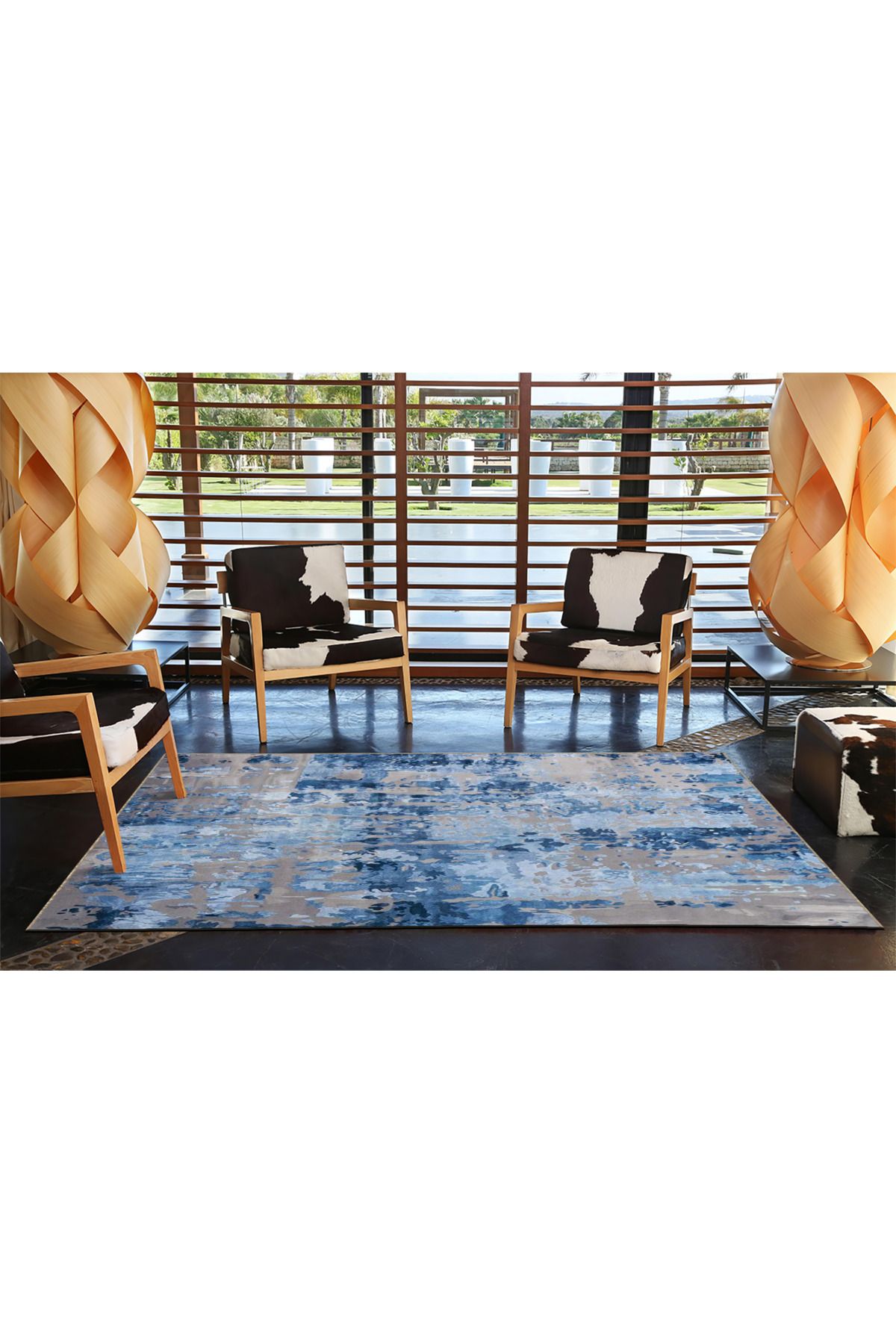 Mavi Gri Temalı Abstract Soyut Desenli Kreatif Modern Dekoratif Halı 3989