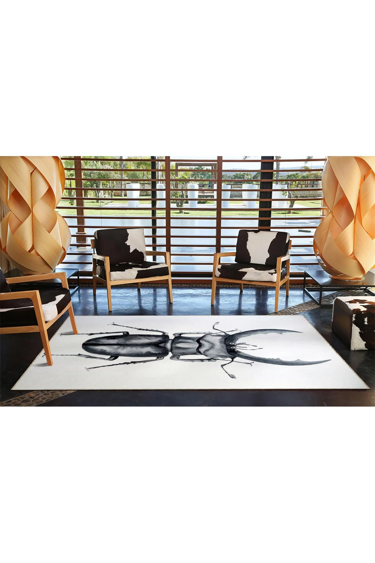 Beyaz Temalı Böcek Desenli Dekoratif ve Dokuma Taban Yıkanabilir Halı miravip8832